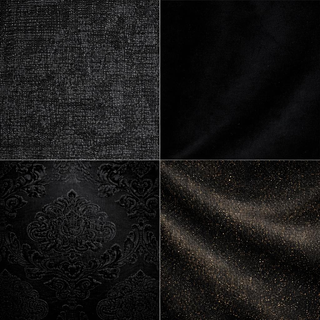 Black fabrics collection — velvet, damask, and drapery and upholstery fabric