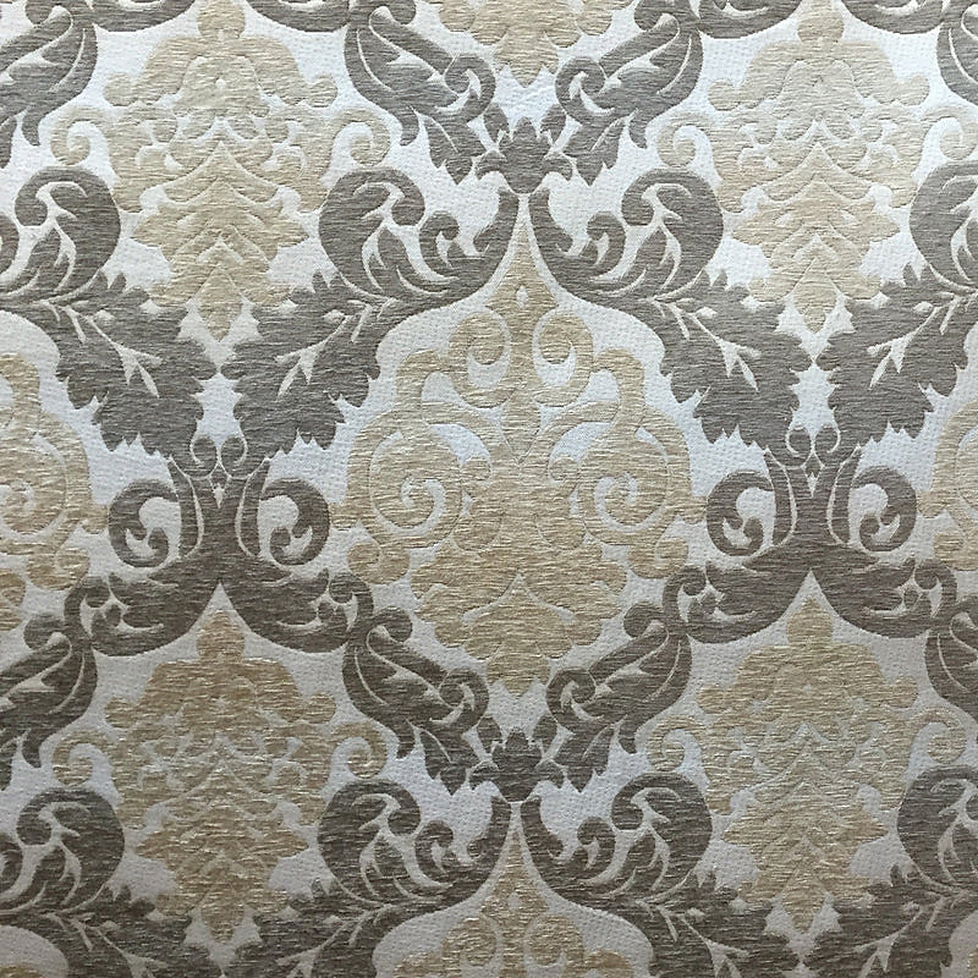 Adriana Fabric in color Taupe is a Two-Toned Damask Chenille Fabric pattern good for Upholstery Fabric