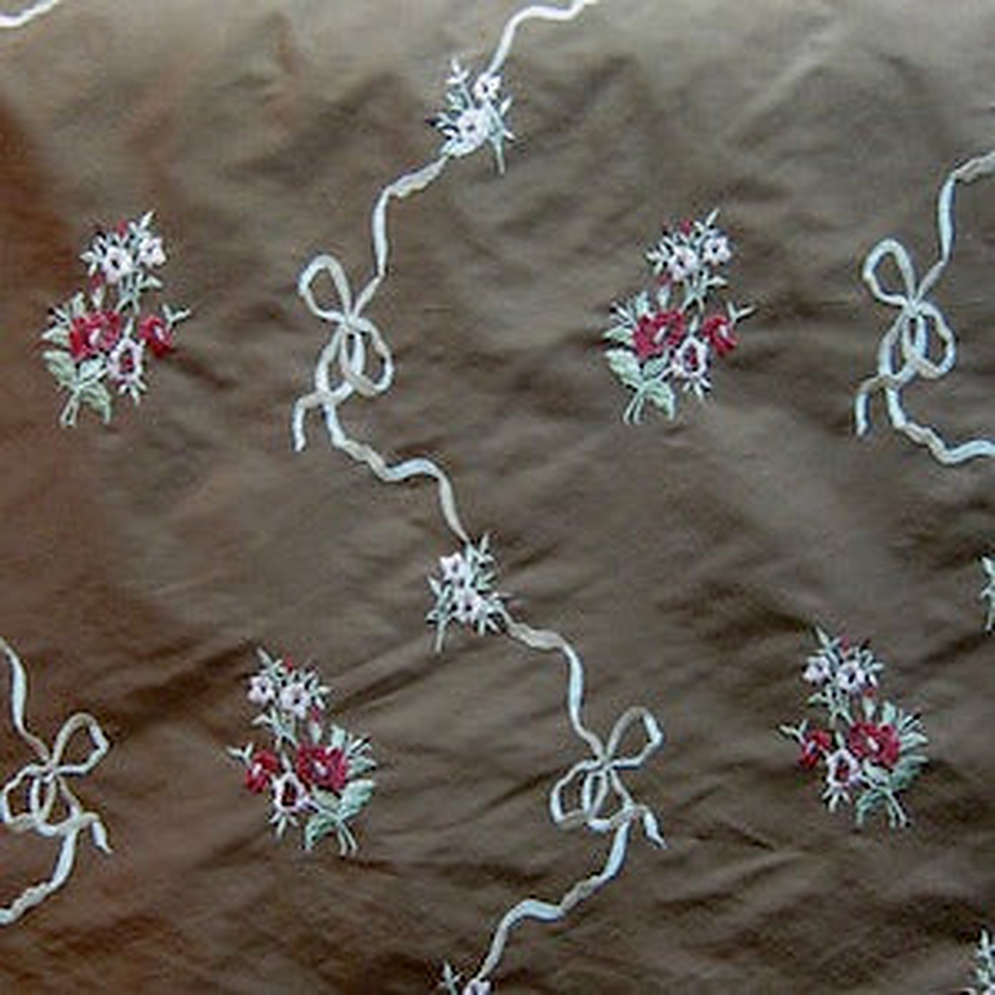 Anastasia Fabric in color Walnut is a Floral Embroidered Silk Fabric pattern good for Drapery & Curtain Fabric