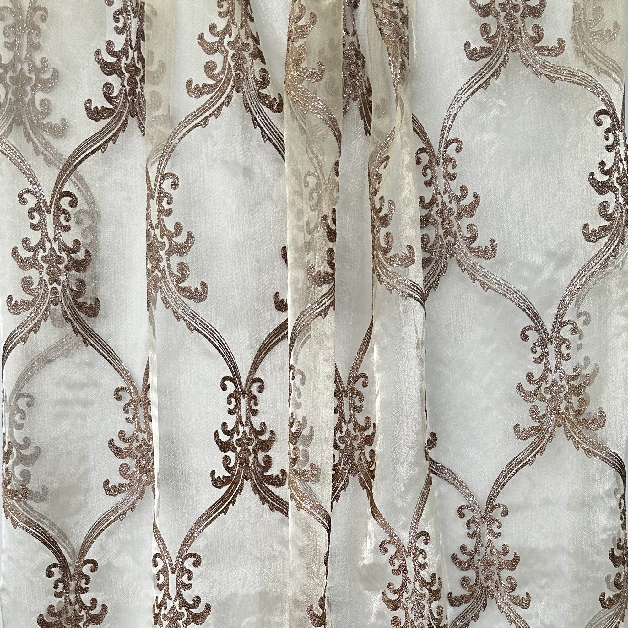 Broadway Fabric in color Brass is a Metallic Damask Sheer Fabric that is good for Drapery & Curtain Fabric
