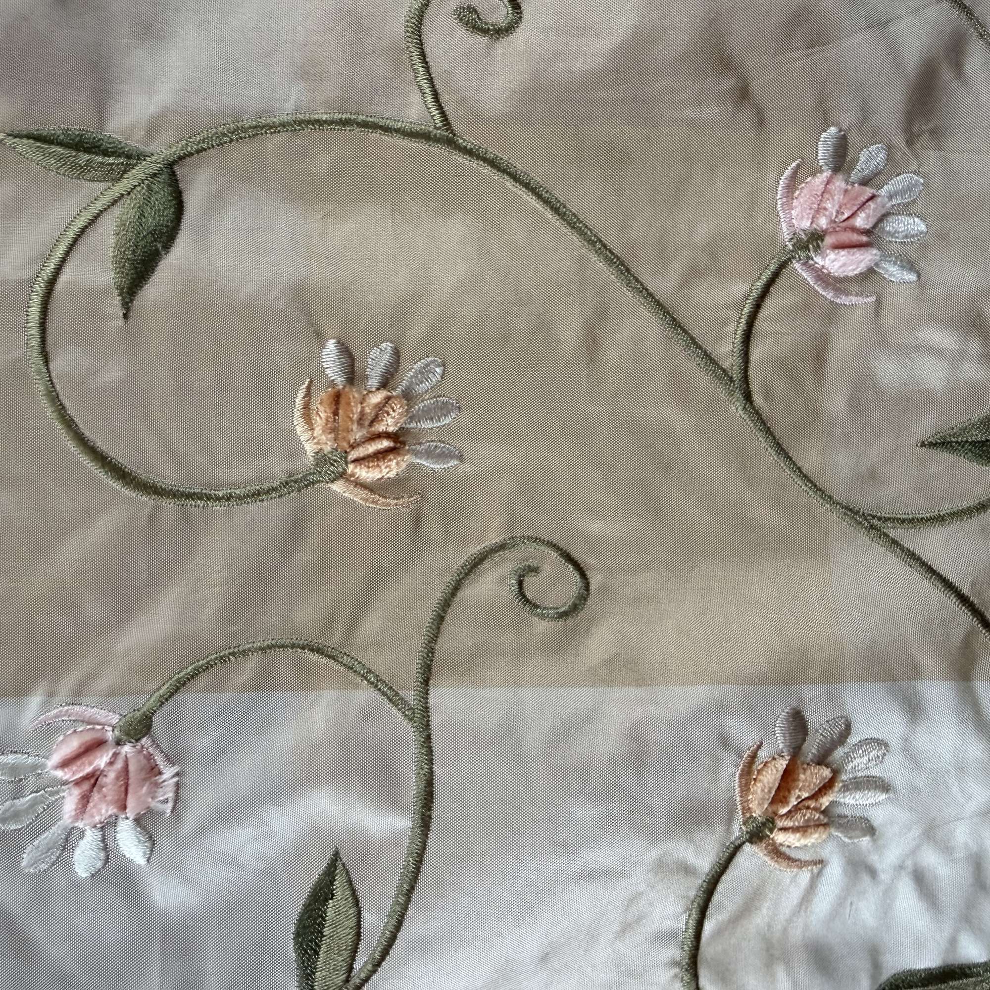 Caroline Fabric in color Apricot is an Embroidered Floral Silk Fabric that is good for Drapery & Curtain Fabric