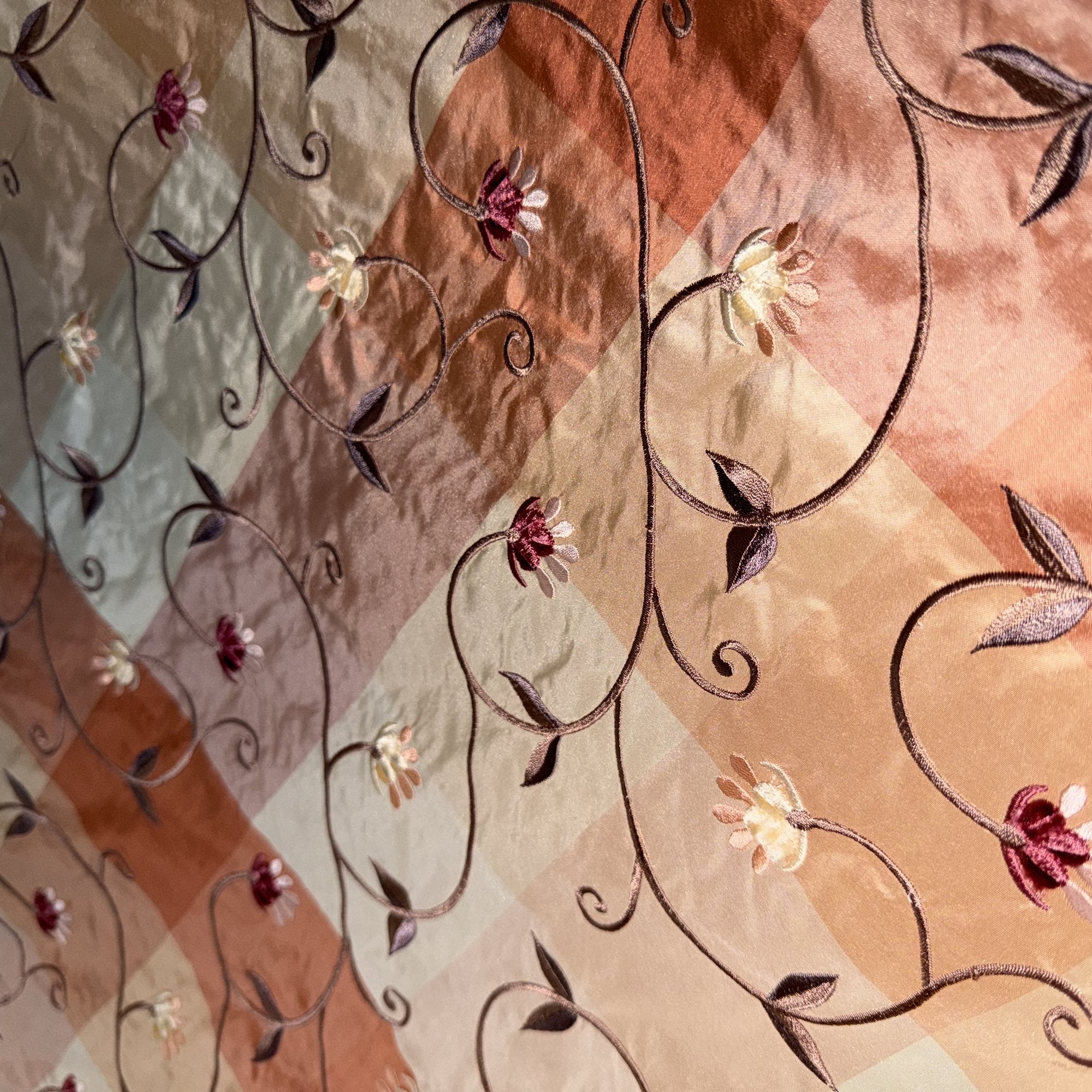 Caroline Fabric in color Melon is an Embroidered Floral Silk Fabric that is good for Drapery & Curtain Fabric