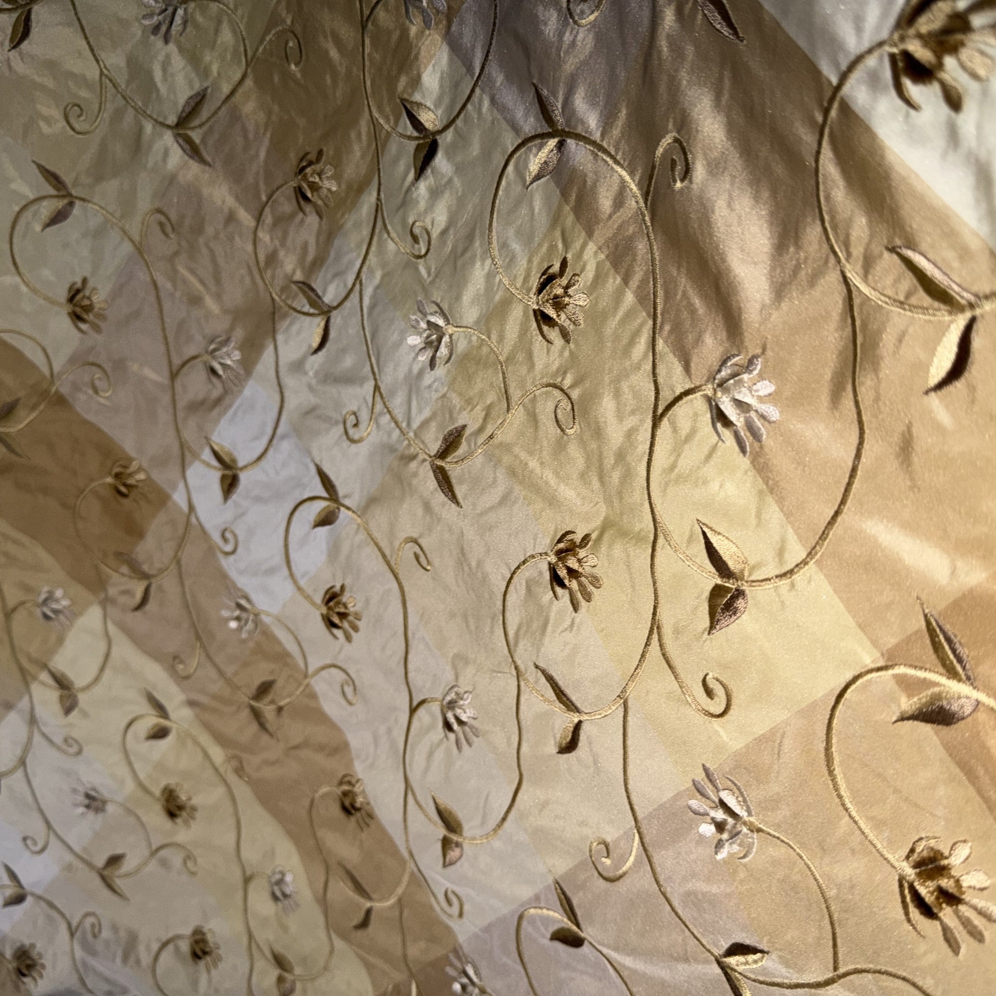 Caroline Fabric in color Wheat is an Embroidered Floral Silk Fabric that is good for Drapery & Curtain Fabric