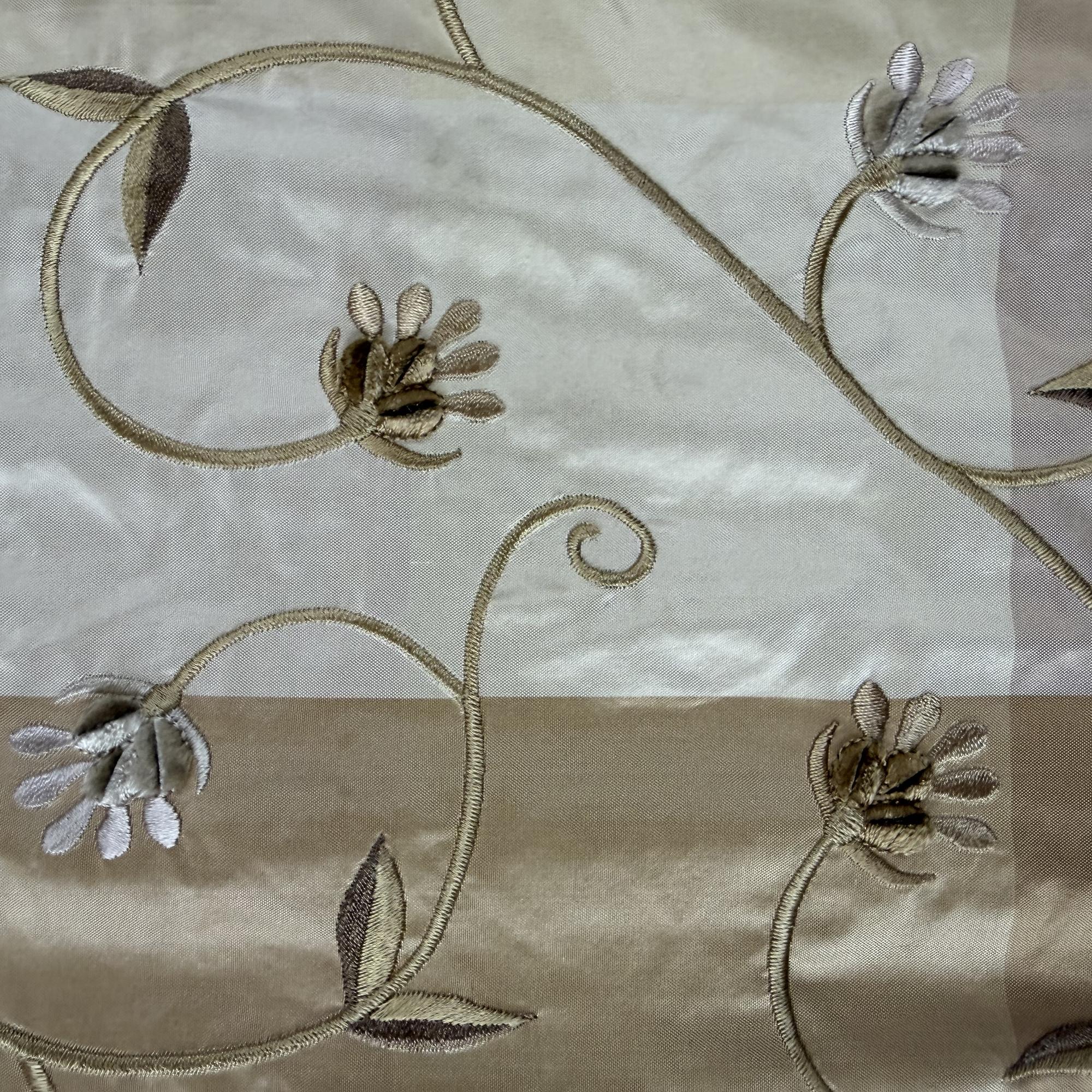 Caroline Fabric in color Wheat is an Embroidered Floral Silk Fabric that is good for Drapery & Curtain Fabric