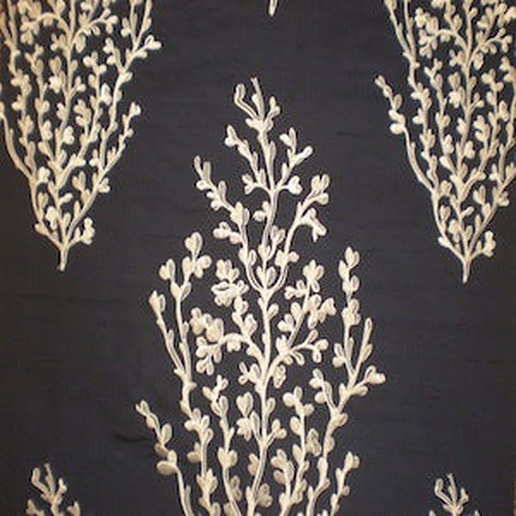 Cora Fabric in color Navy is a Floral Embroidered Silk Fabric pattern good for Drapery & Curtain Fabric