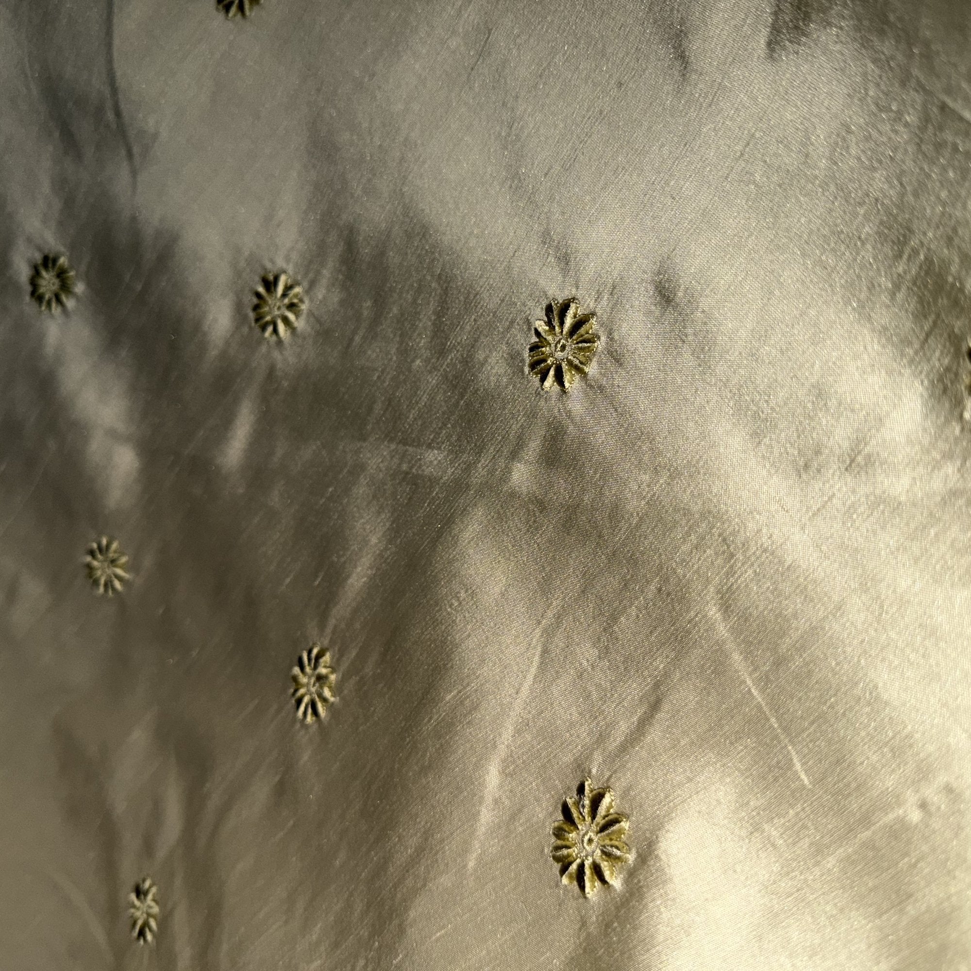 Dakota Fabric in color Apple Green/Leaf is a Floral Dotted Embroidered Silk Fabric that is good for Drapery & Curtain Fabric