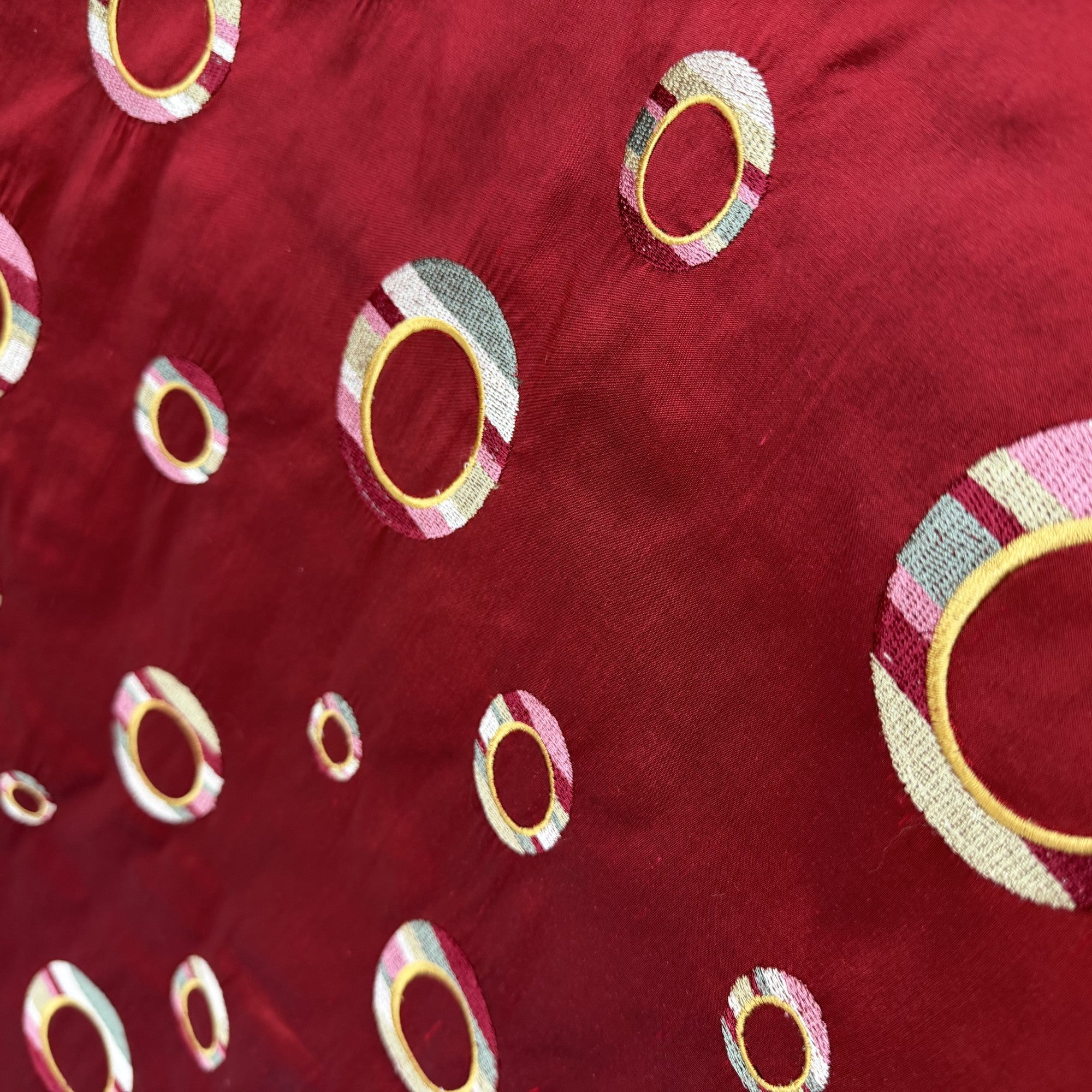 Disco Fabric in color Chili is a Multi-Colored Circle Silk Fabric that is good for Drapery & Curtain Fabric