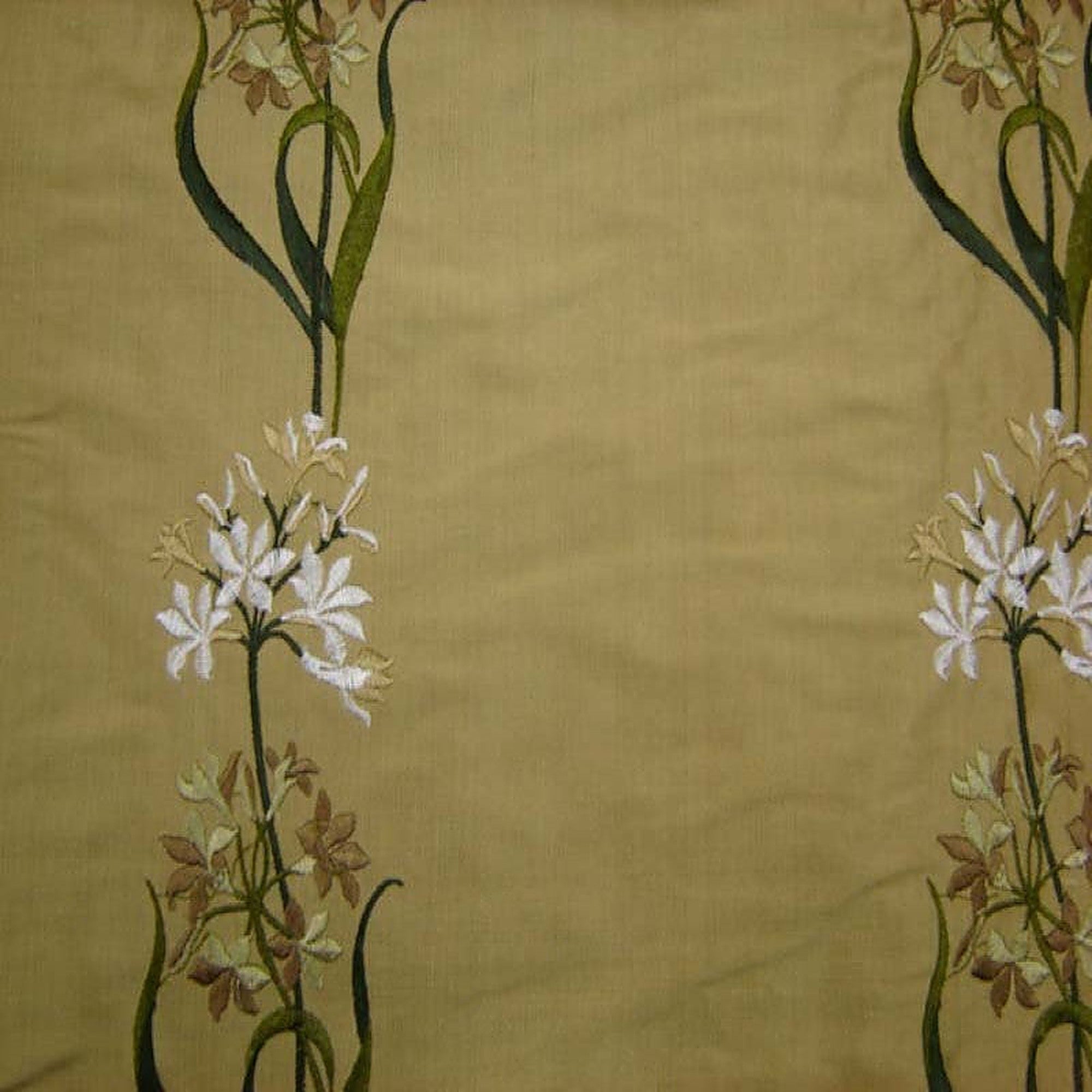 Honora Fabric in color Brass is a Floral Embroidered Silk Fabric pattern good for Drapery & Curtain Fabric