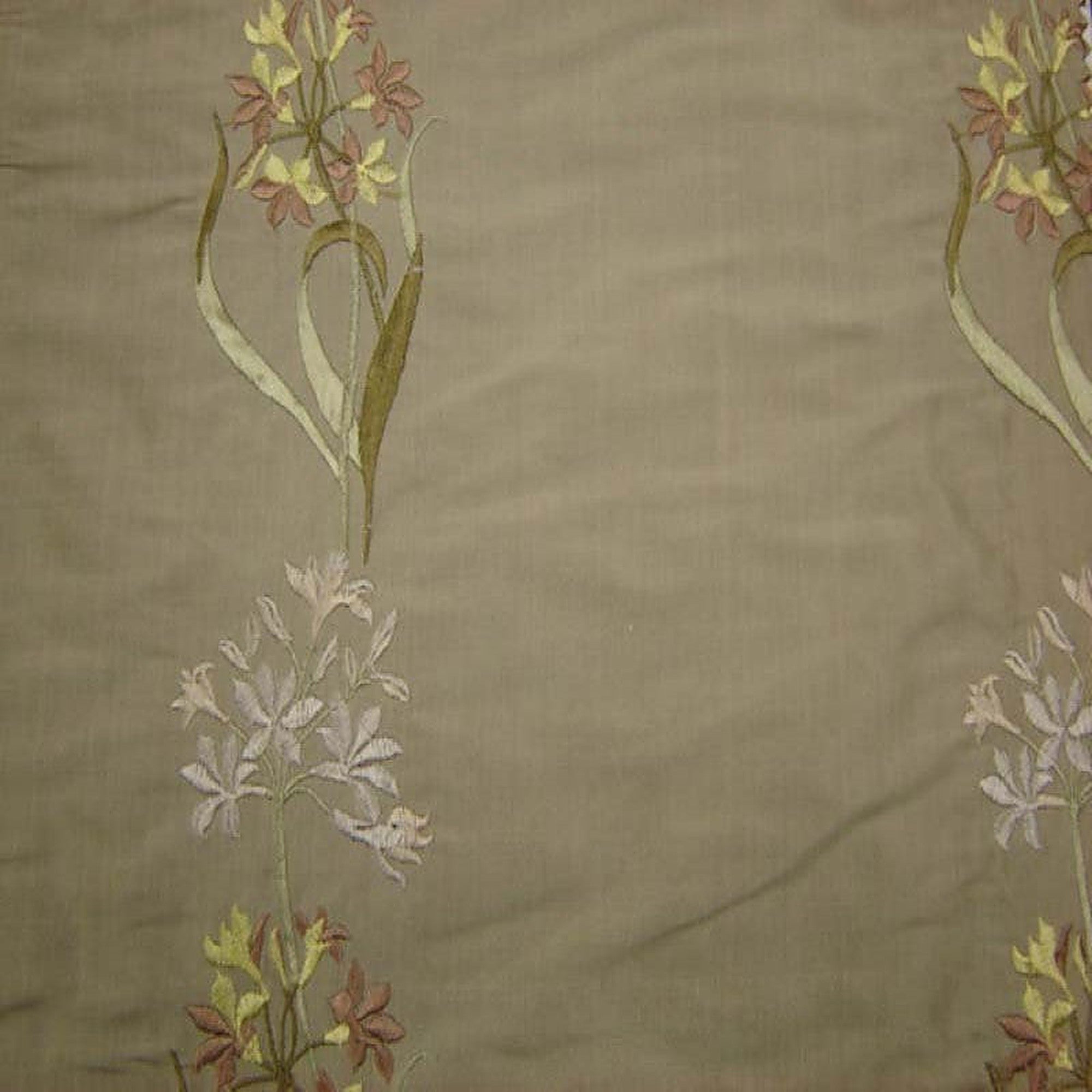 Honora Fabric in color Fawn is a Floral Embroidered Silk Fabric pattern good for Drapery & Curtain Fabric