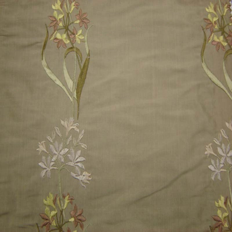 Honora Fabric in color Fawn is a Floral Embroidered Silk Fabric pattern good for Drapery & Curtain Fabric