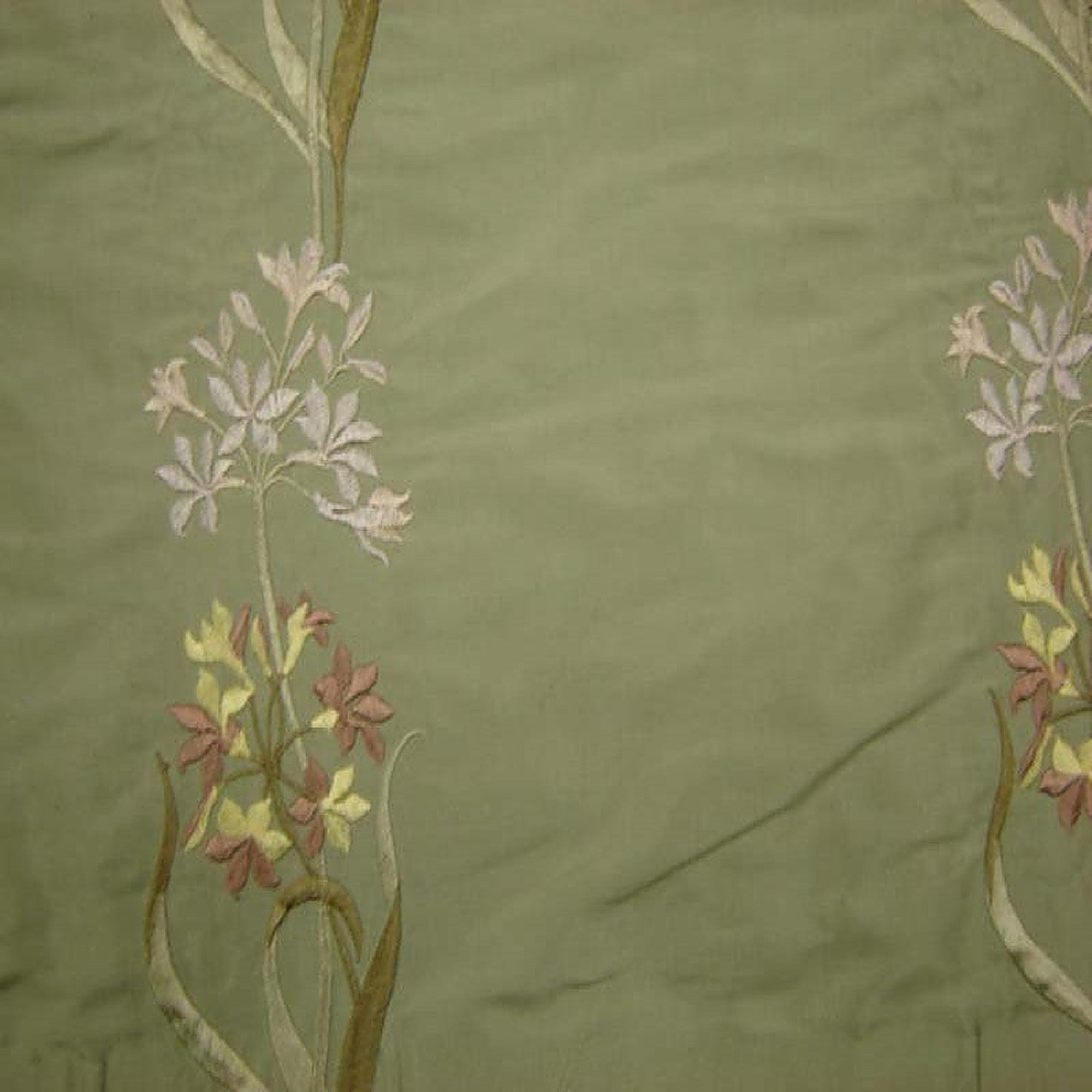 Honora Fabric in color Sage is a Floral Embroidered Silk Fabric pattern good for Drapery & Curtain Fabric