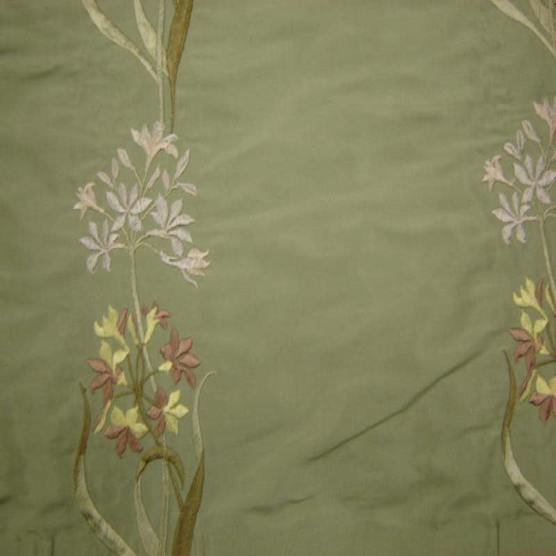 Honora Fabric in color Sage is a Floral Embroidered Silk Fabric pattern good for Drapery & Curtain Fabric