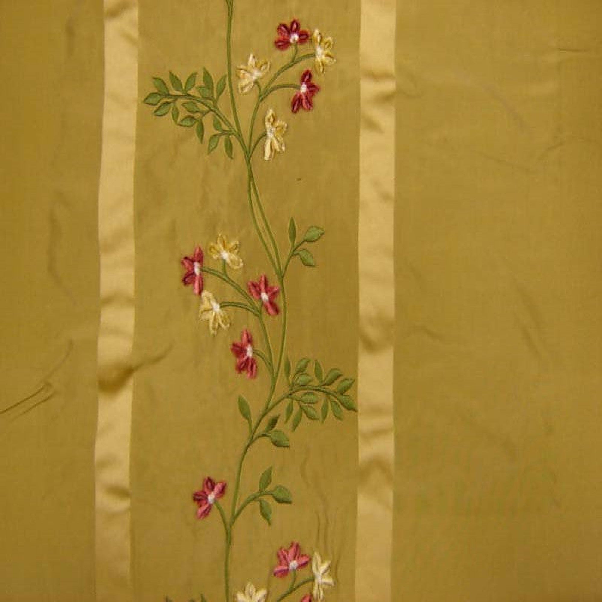 Ivy Fabric in color Antique Gold is a Striped Floral Embroidered Silk Fabric pattern good for Drapery & Curtain Fabric