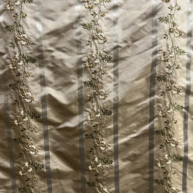 Ivy Fabric in color Taupe is a Striped Floral Embroidered Silk Fabric pattern good for Drapery & Curtain Fabric