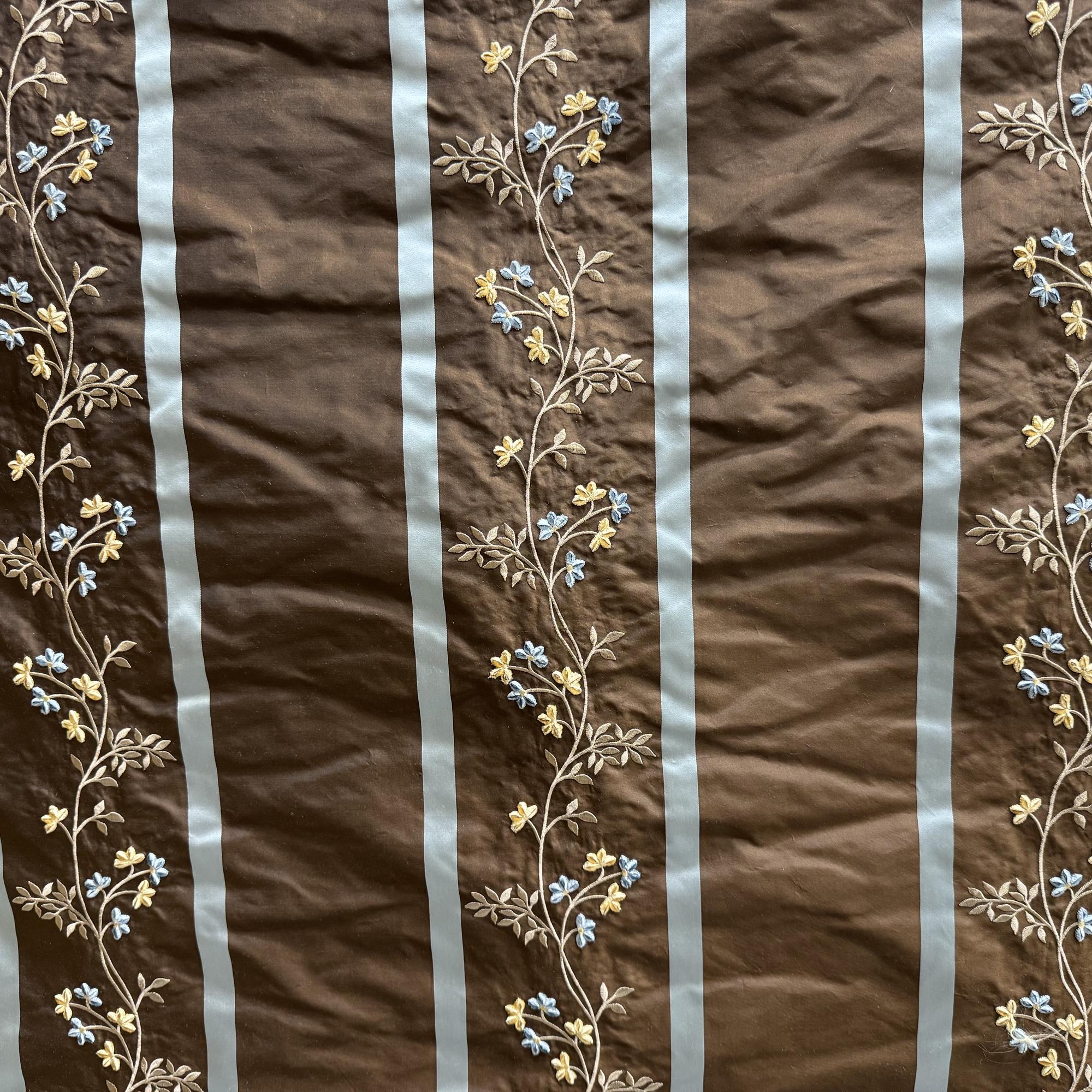 Ivy Fabric in color Espresso is a Striped Floral Embroidered Silk Fabric pattern good for Drapery & Curtain Fabric
