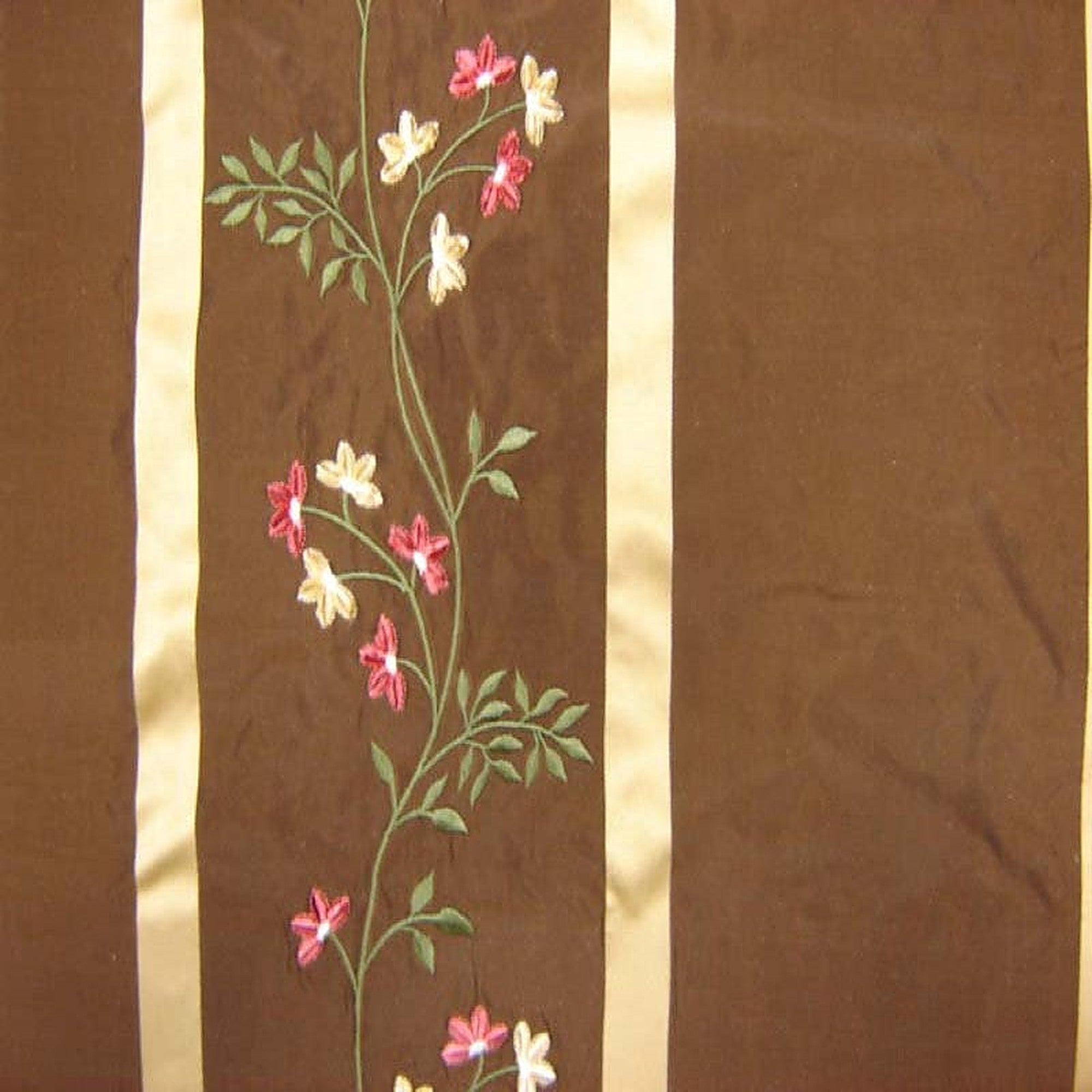 Ivy Fabric in color Chocolate is a Striped Floral Embroidered Silk Fabric pattern good for Drapery & Curtain Fabric
