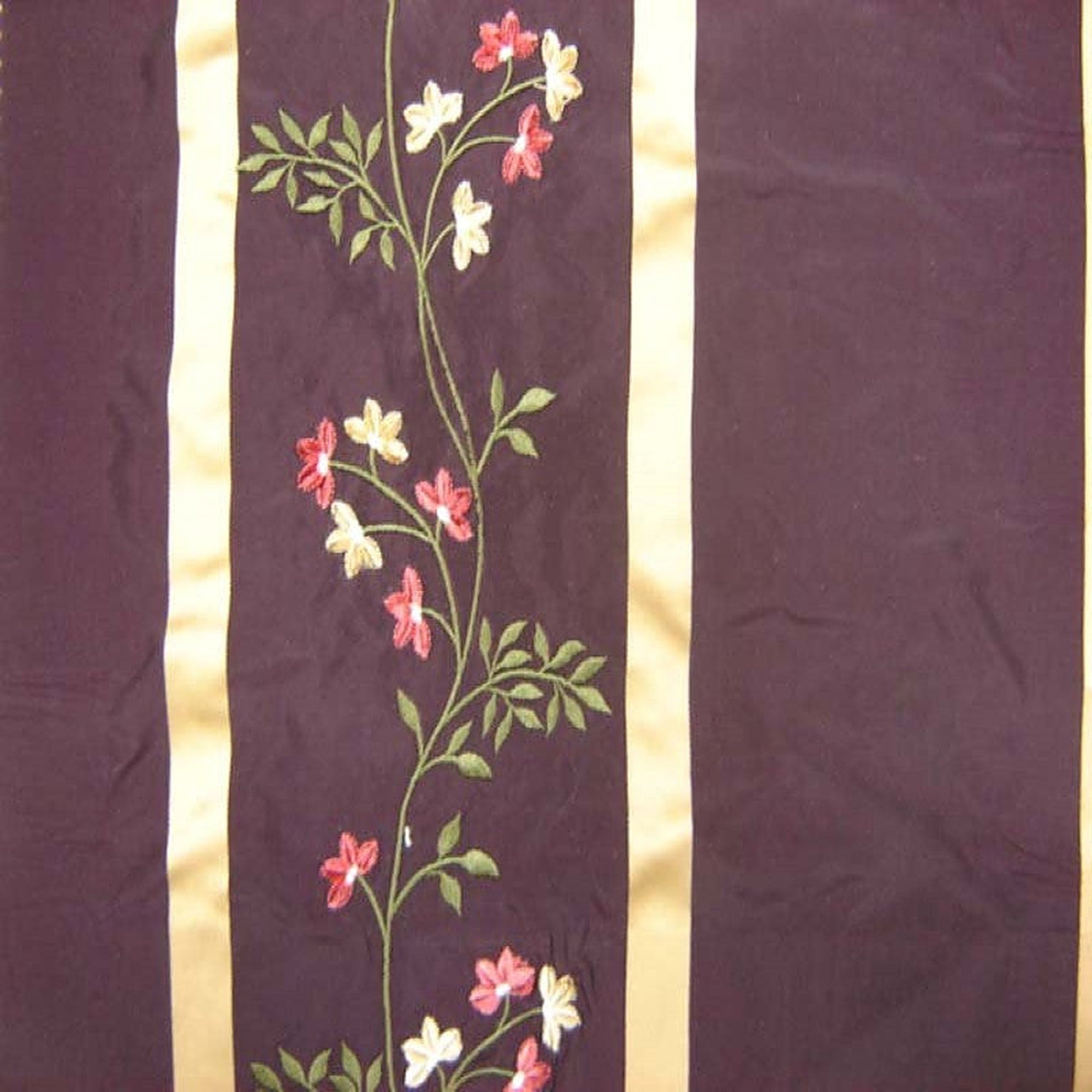 Ivy Fabric in color Plum is a Striped Floral Embroidered Silk Fabric pattern good for Drapery & Curtain Fabric