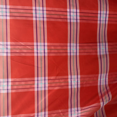 Julian Fabric in color Scarlet is a Small Square Multi-Colored Stripe Silk Fabric pattern good for Drapery & Curtain Fabric