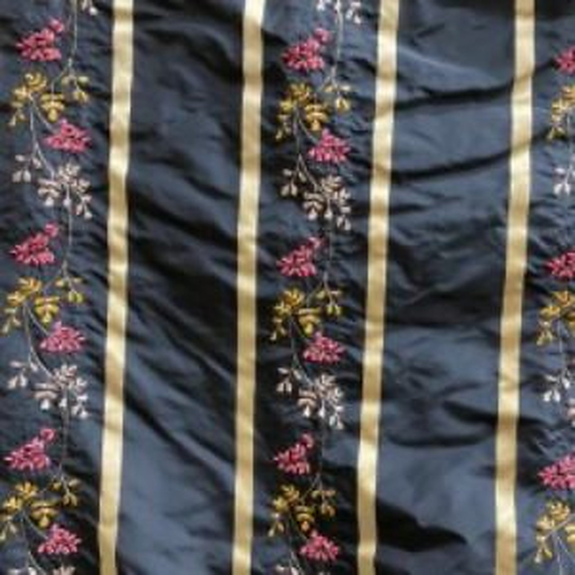 Juniper Fabric in color Black is a Stripe Floral Embroidered Silk Fabric pattern good for Drapery & Curtain Fabric