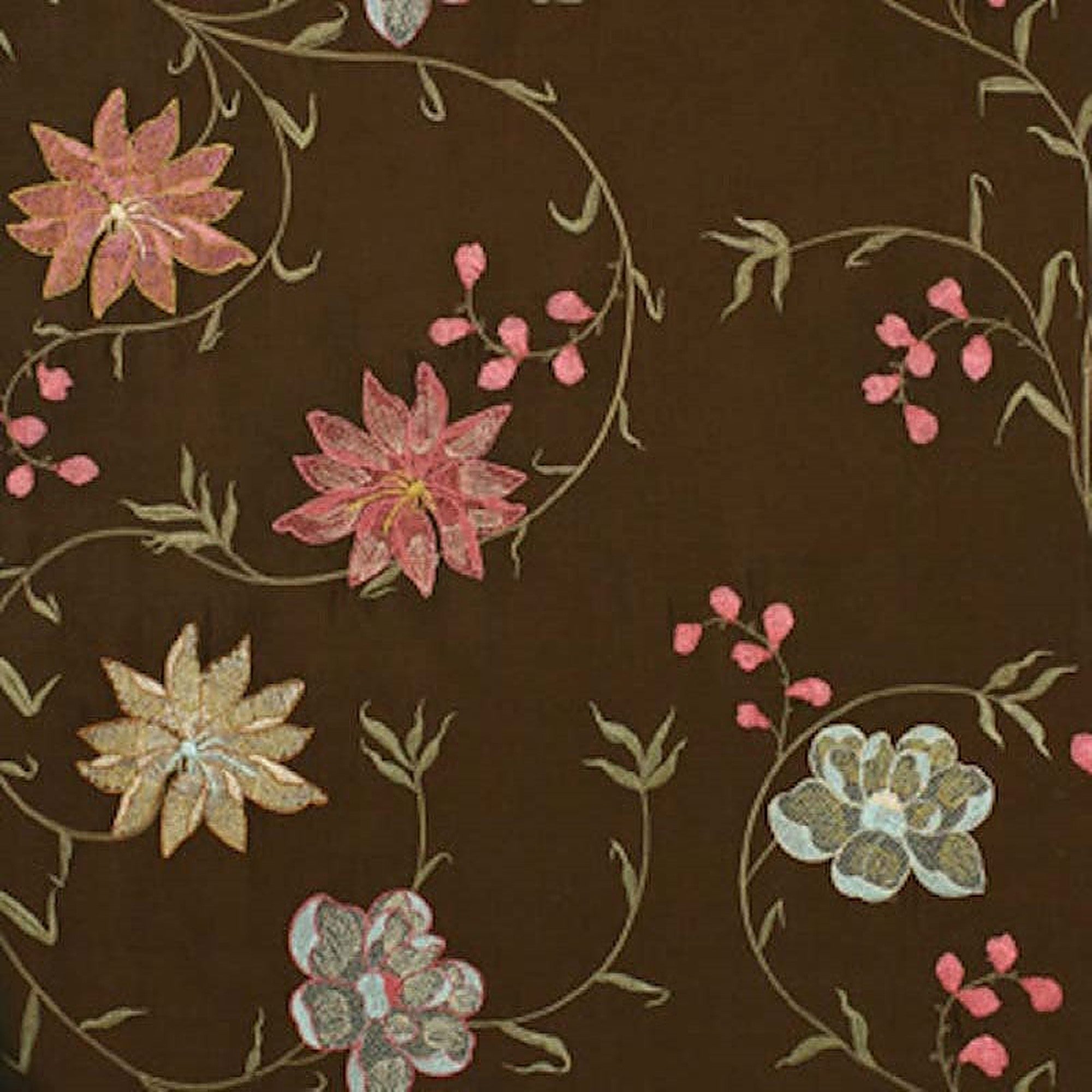 Layla Fabric in color Chocolate is a Floral Embroidered Silk Fabric pattern good for Drapery & Curtain Fabric-Tagged