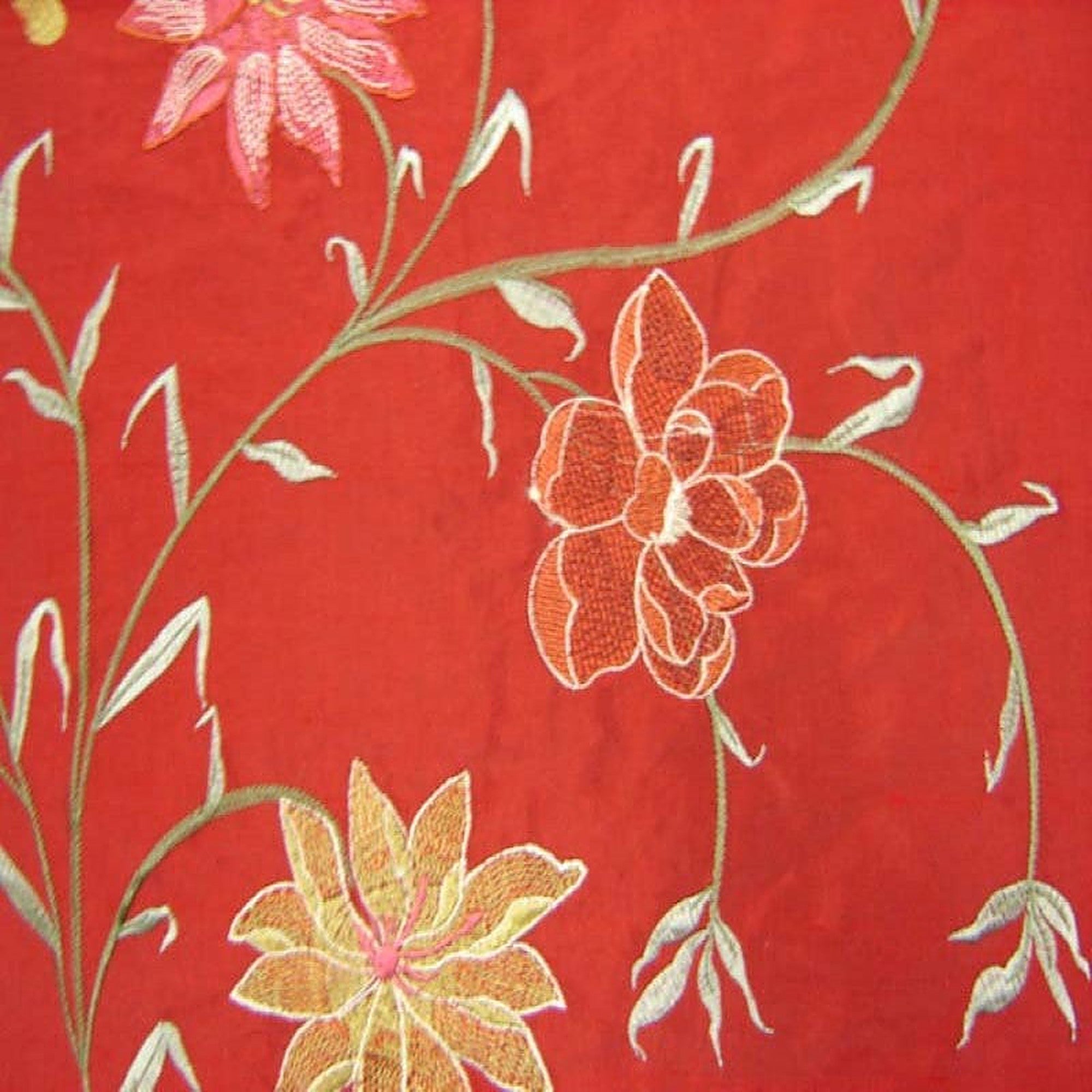 Layla Fabric in color Merlot/Fire is a Floral Embroidered Silk Fabric pattern good for Drapery & Curtain Fabric-Tagged