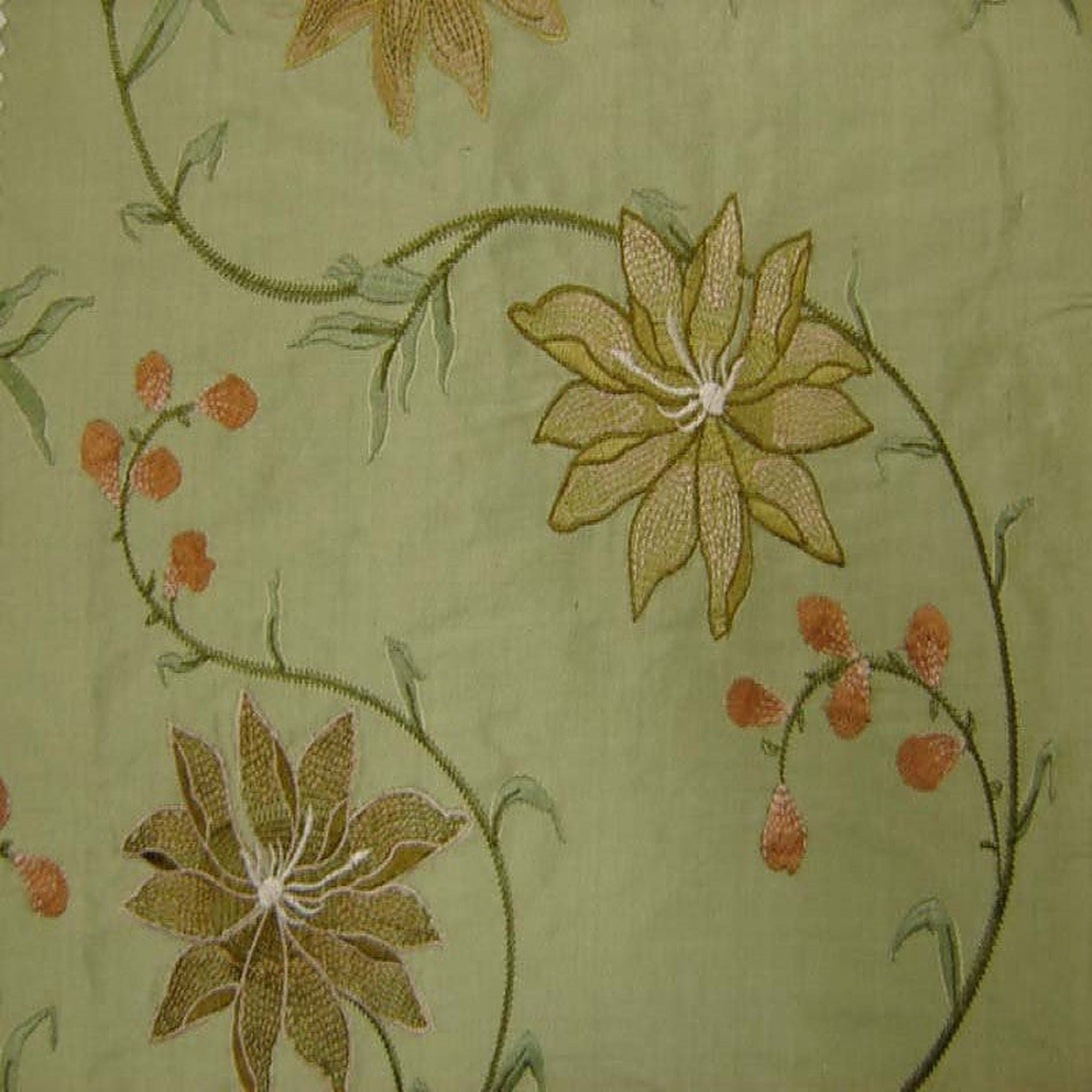 Layla Fabric in color Pistachio is a Floral Embroidered Silk Fabric pattern good for Drapery & Curtain Fabric-Tagged