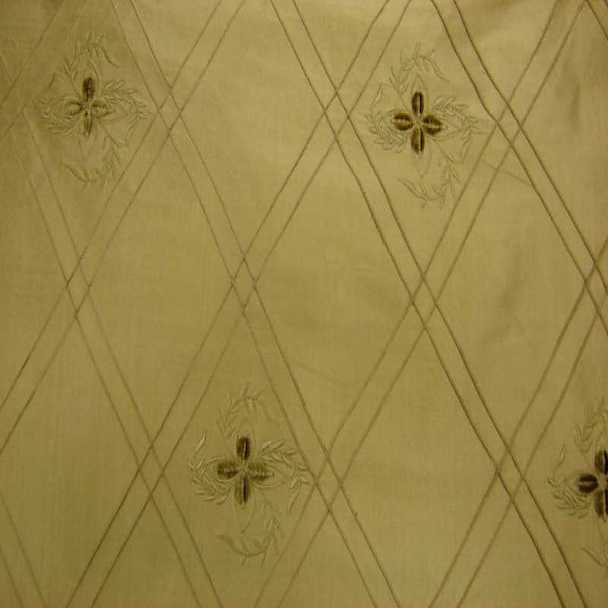 Lucile Fabric in color Brass is a Diamond Floral Embroidered Silk Fabric pattern good for Drapery & Curtain Fabric-Tagged