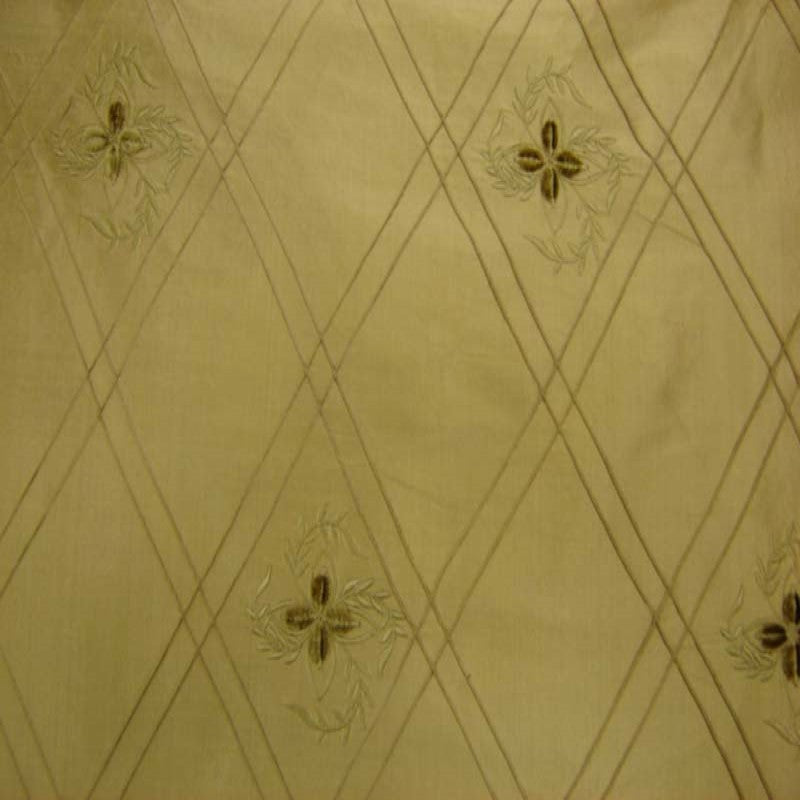 Lucile Fabric in color Brass is a Diamond Floral Embroidered Silk Fabric pattern good for Drapery & Curtain Fabric-Tagged