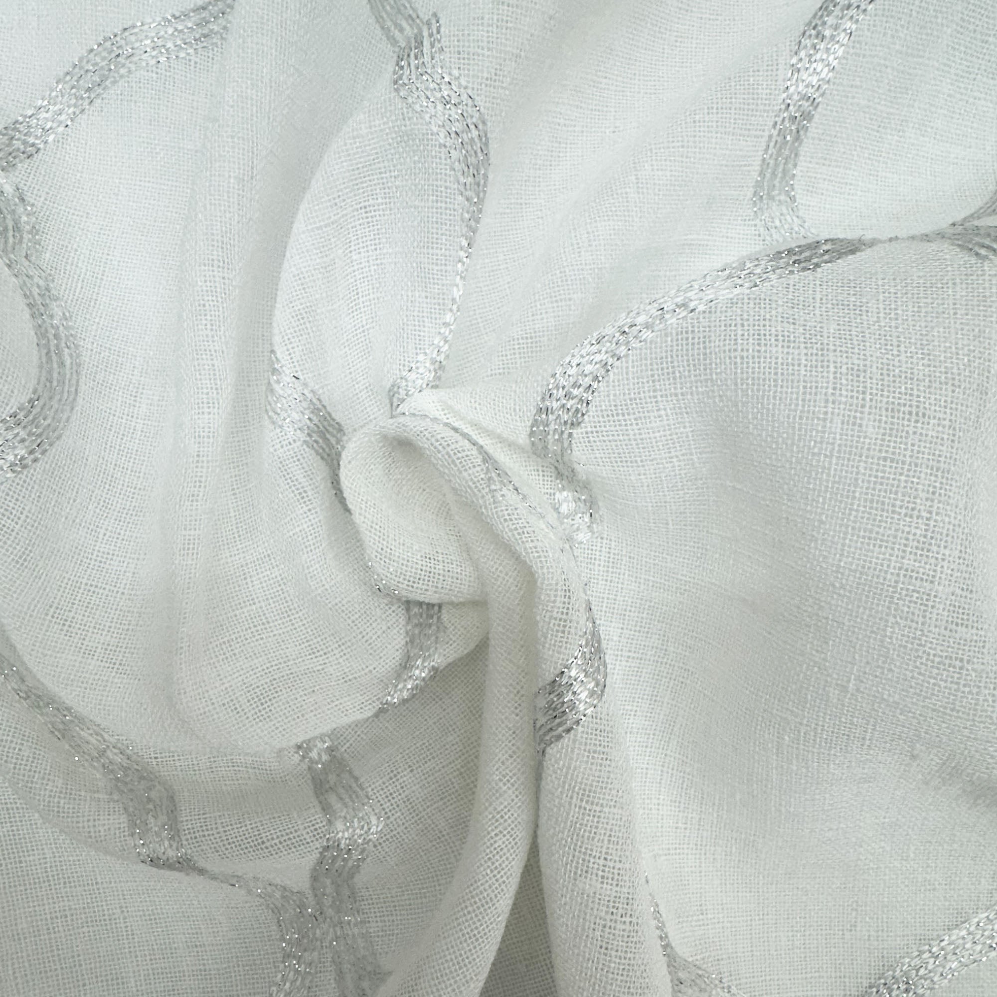 Merano Fabric in color White/Metallic is an Embroidered Metallic Sheer Fabric that is good for Drapery & Curtain Fabric