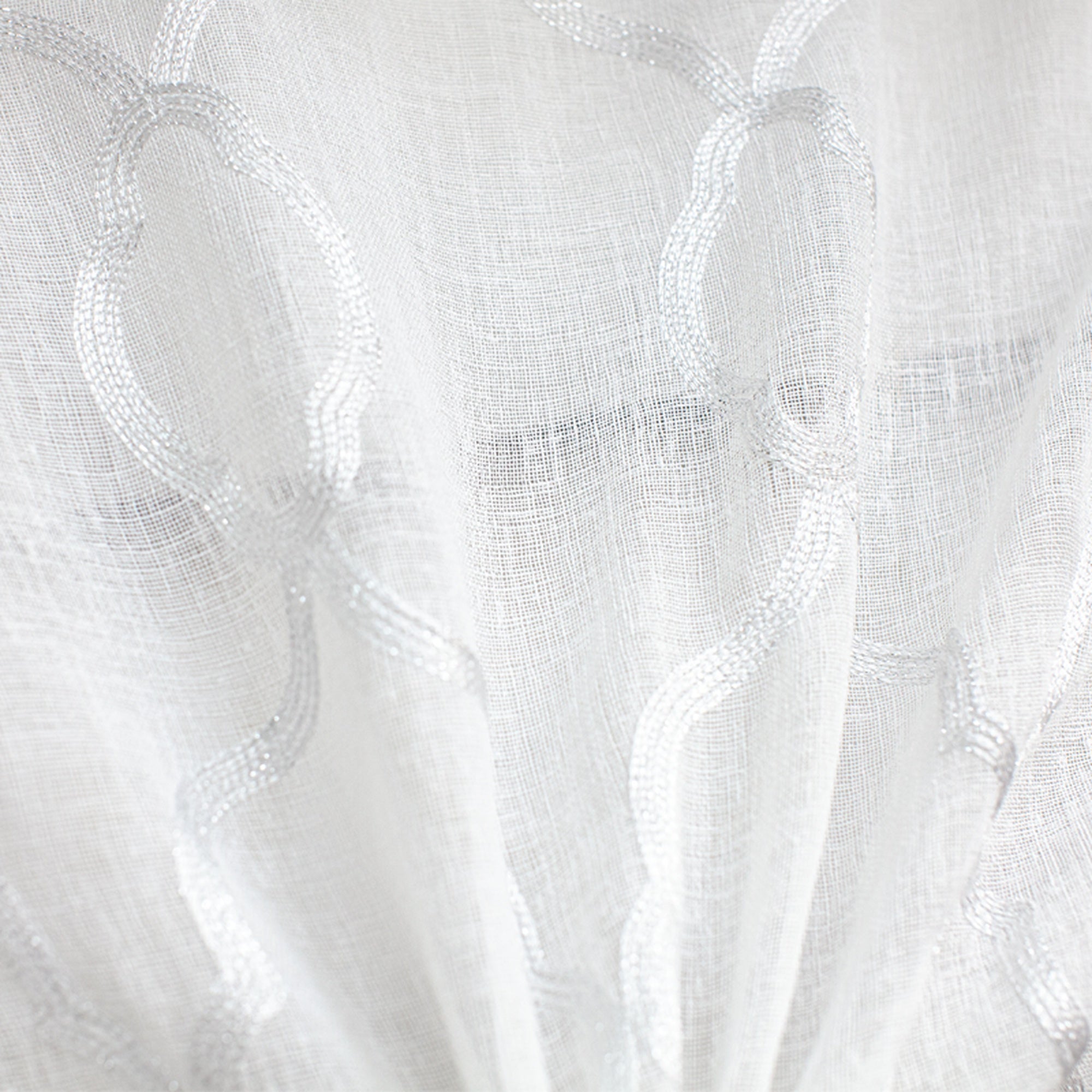 Merano fabric in color White/Metallic showcasing fabric embroidered metallic sheer drapery & curtain fabric.