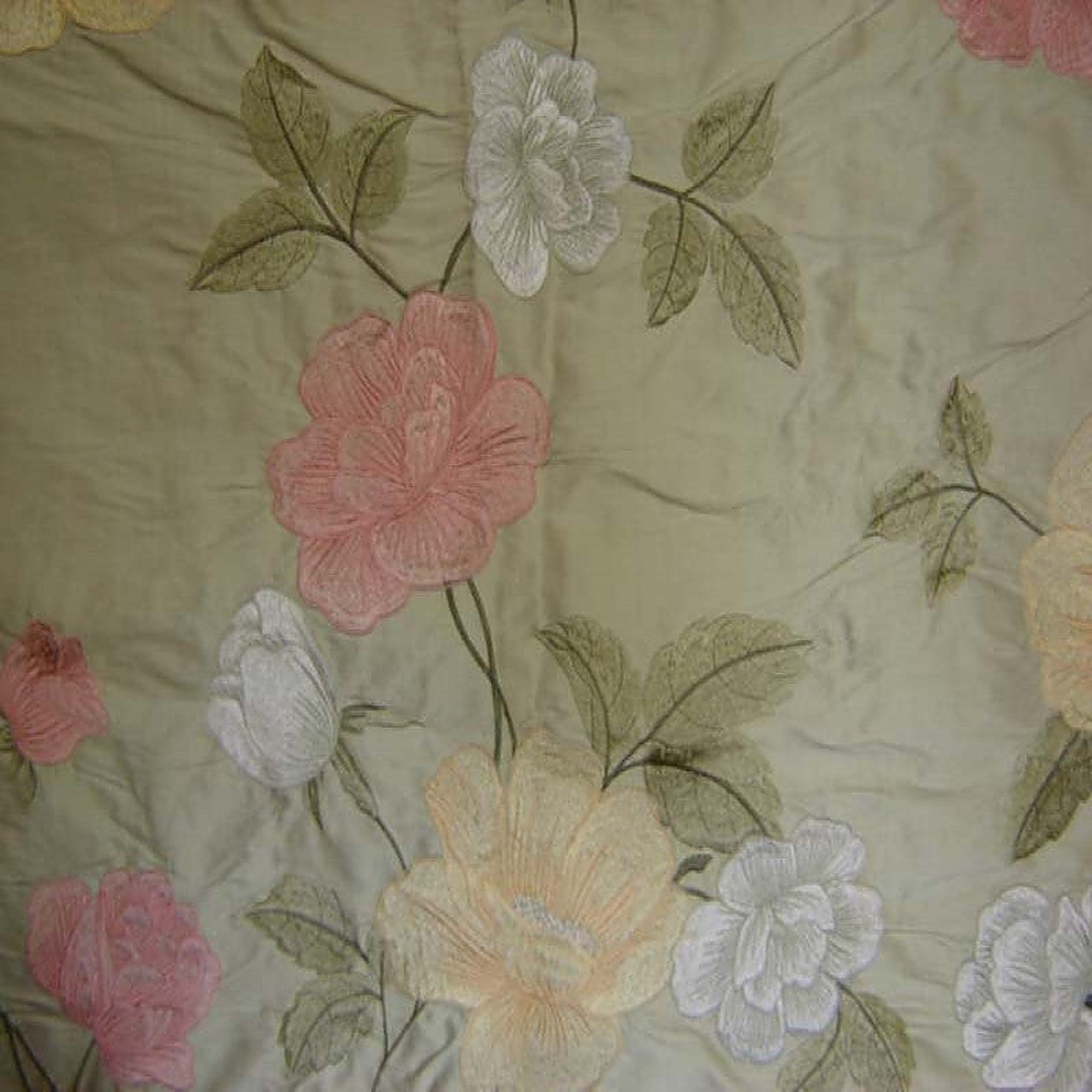 Miranda Fabric in color Celery is a Floral Embroidered Silk Fabric pattern good for Drapery & Curtain Fabric