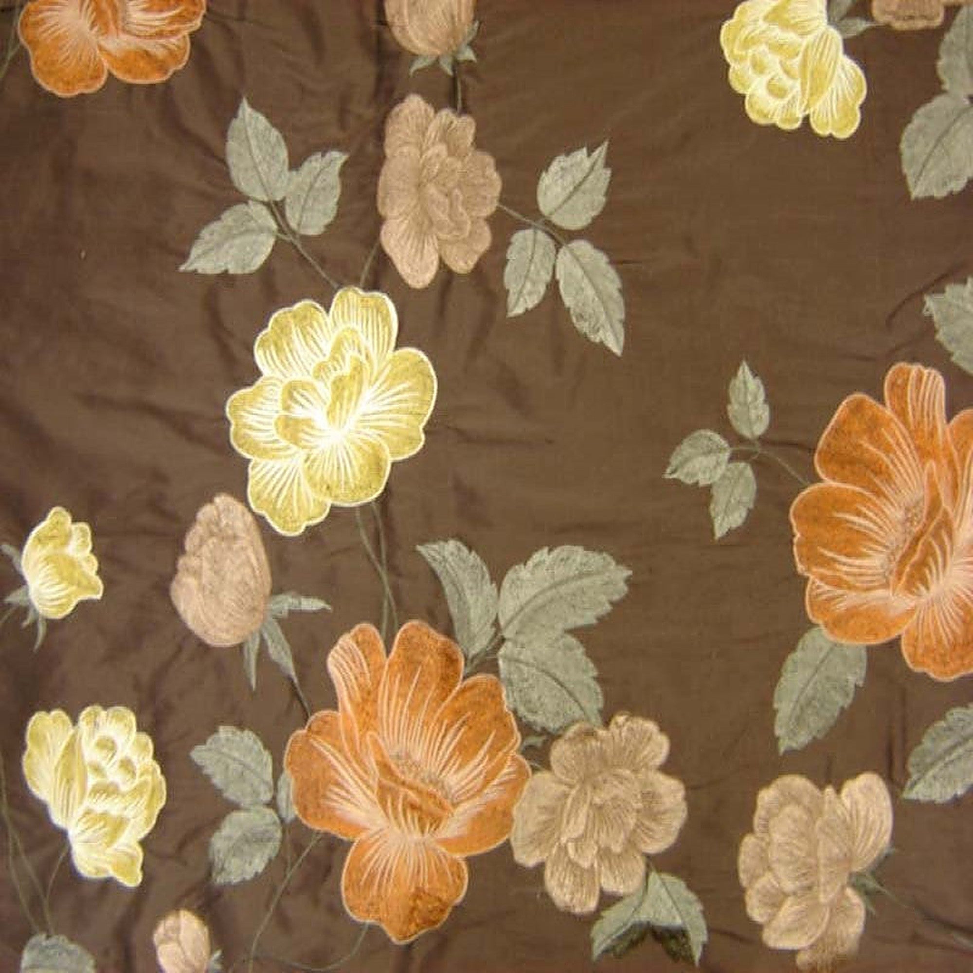 Miranda Fabric in color Chocolate is a Floral Embroidered Silk Fabric pattern good for Drapery & Curtain Fabric