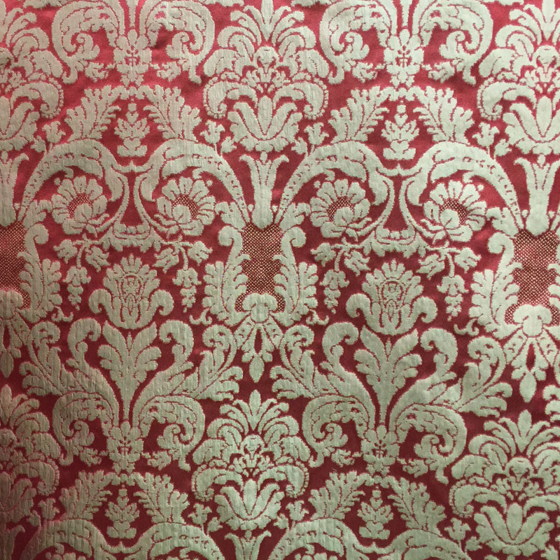 Mondavi Fabric in color Scarlet is a Traditional Two-Toned Damask Silk Fabric pattern good for Drapery & Curtain Fabric