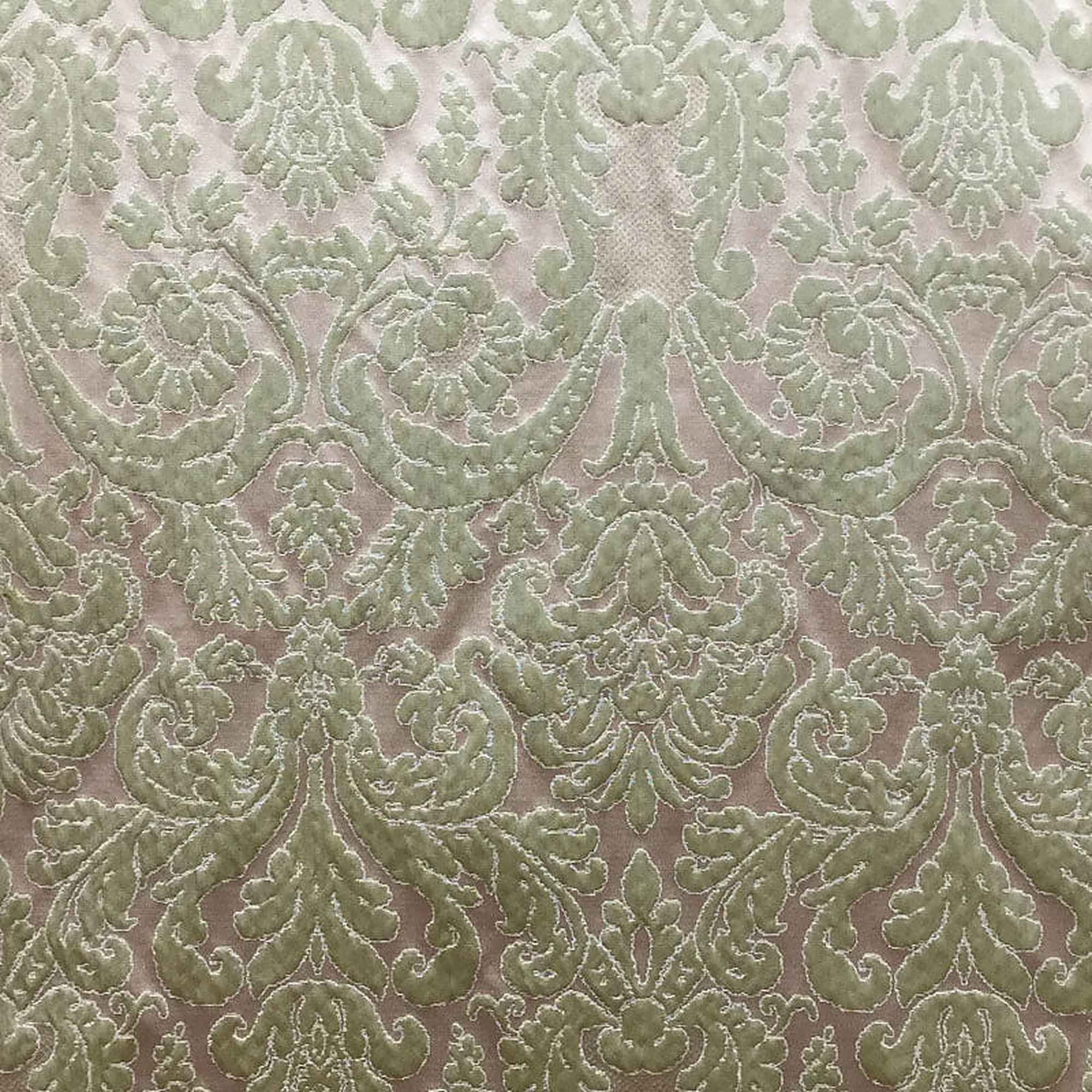 Mondavi Fabric in color Pistachio is a Traditional Two-Toned Damask Silk Fabric pattern good for Drapery & Curtain Fabric