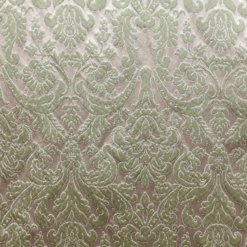 Mondavi Fabric in color Pistachio is a Traditional Two-Toned Damask Silk Fabric pattern good for Drapery & Curtain Fabric