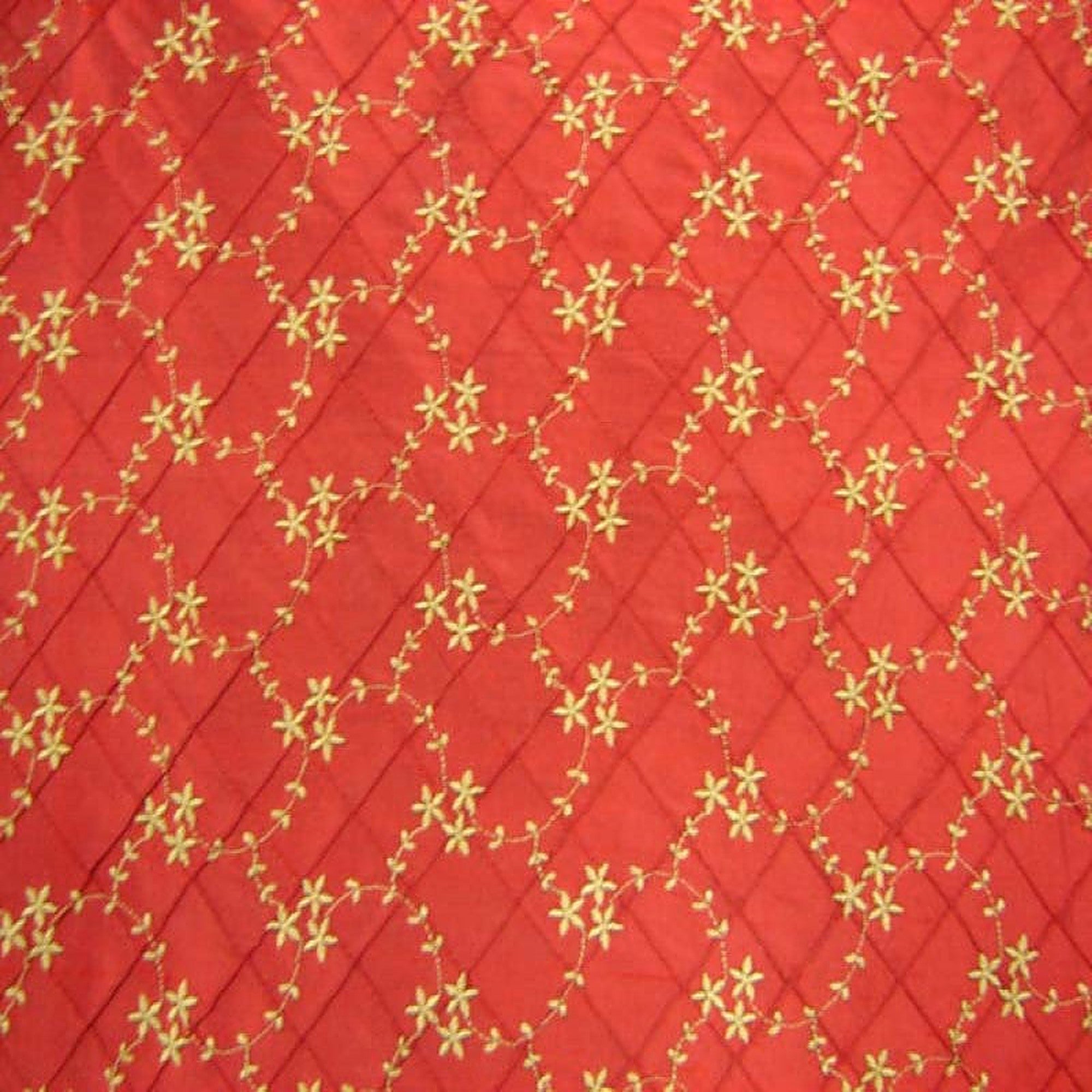 Orissa Fabric in color Scarlet is a Small Diamond Floral Embroidered Silk Fabric pattern good for Drapery & Curtain Fabric