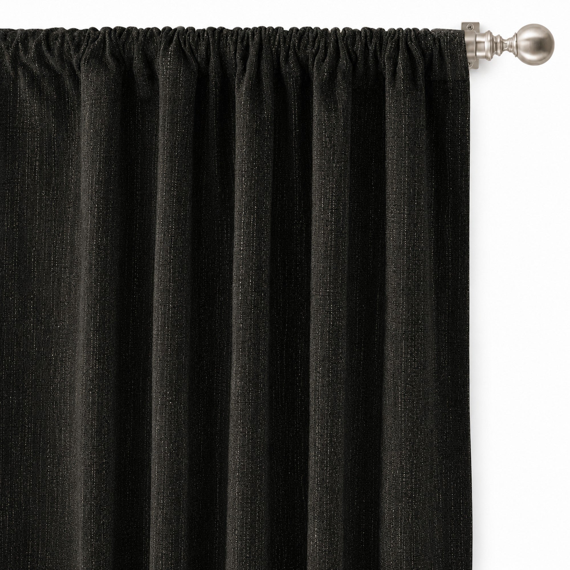 Pandora Fabric in color Black made as a drapery is a Solid Textured Metallic Linen Look Fabric that is good for Drapery & Curtain Fabric and Upholstery Fabric