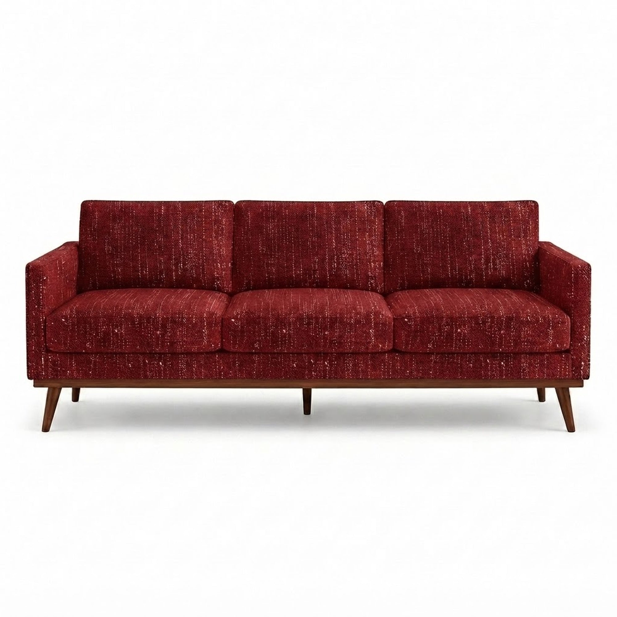 Pandora Fabric in color Cranberry made on a sofa is a Solid Textured Metallic Linen Look Fabric that is good for Drapery & Curtain Fabric and Upholstery Fabric