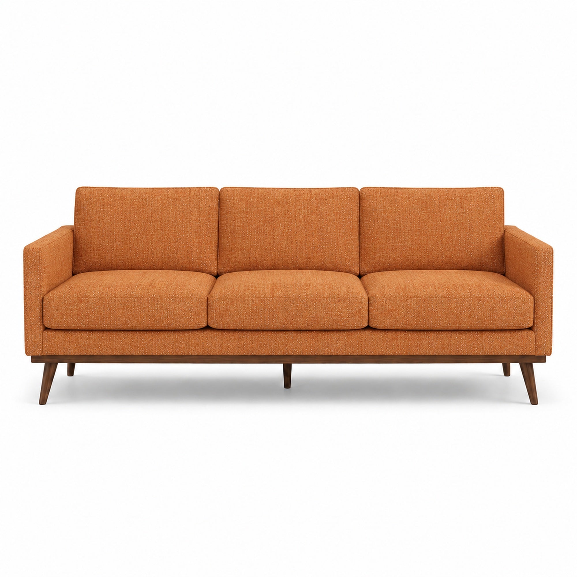 Pandora Fabric in color Mandarin made on a sofa is a Solid Textured Metallic Linen Look Fabric that is good for Drapery & Curtain Fabric and Upholstery Fabric