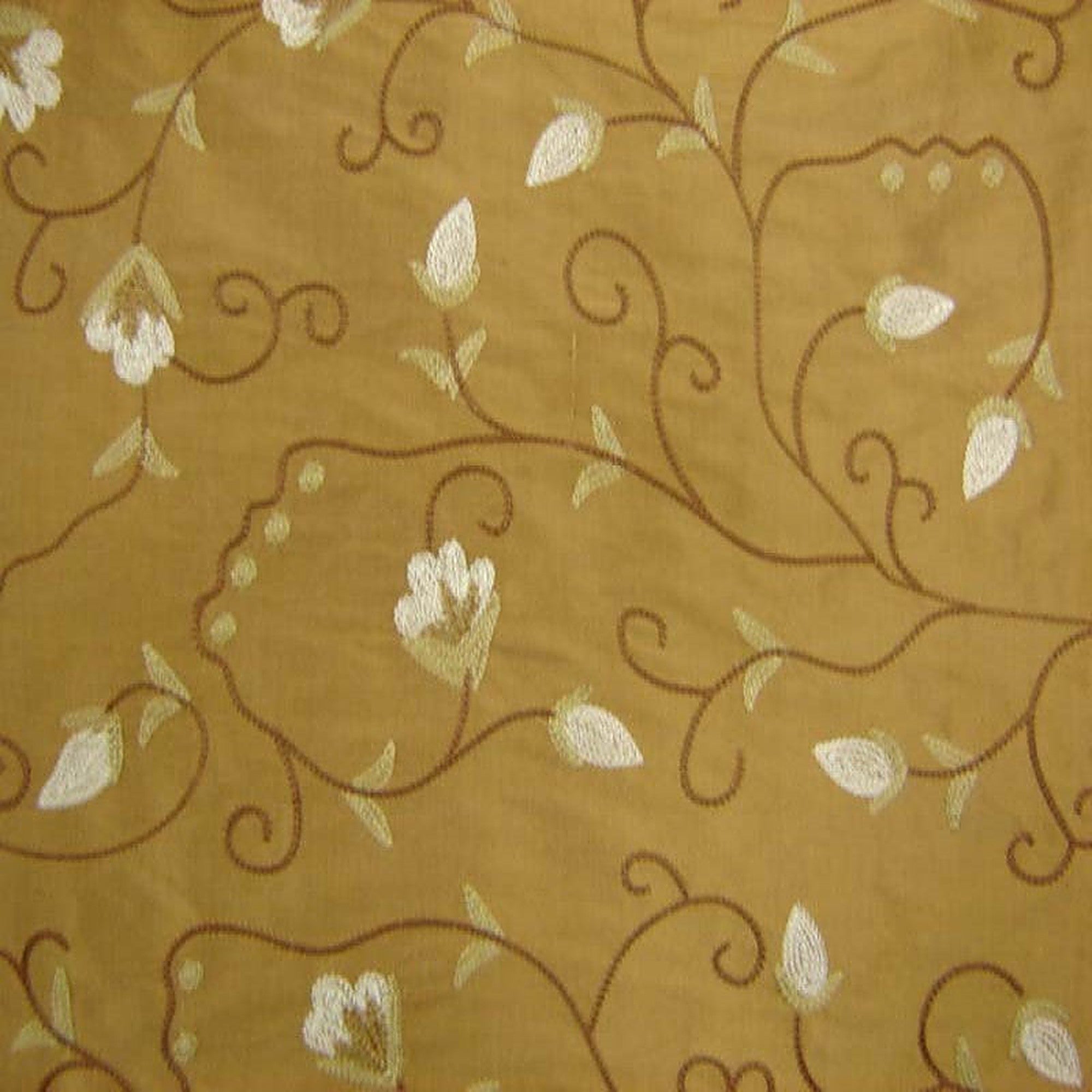 Trezza Fabric in color Antique Gold is a Floral Embroidered Silk Fabric pattern good for Drapery & Curtain Fabric