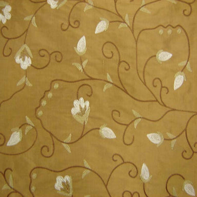 Trezza Fabric in color Antique Gold is a Floral Embroidered Silk Fabric that is good for Drapery & Curtain Fabric