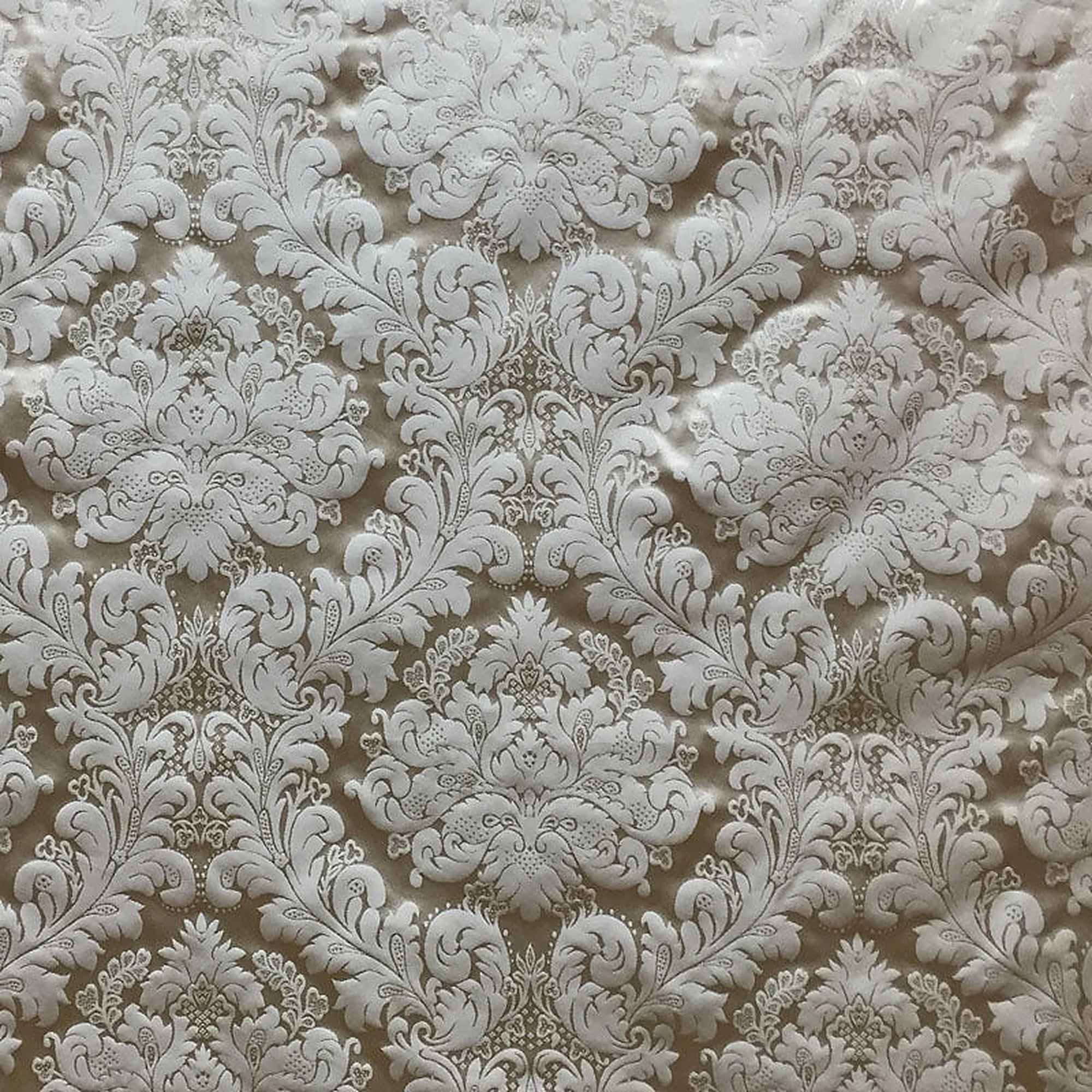 Versus Fabric in color Taupe is a Floral Damask Silk Fabric pattern good for Drapery & Curtain Fabric