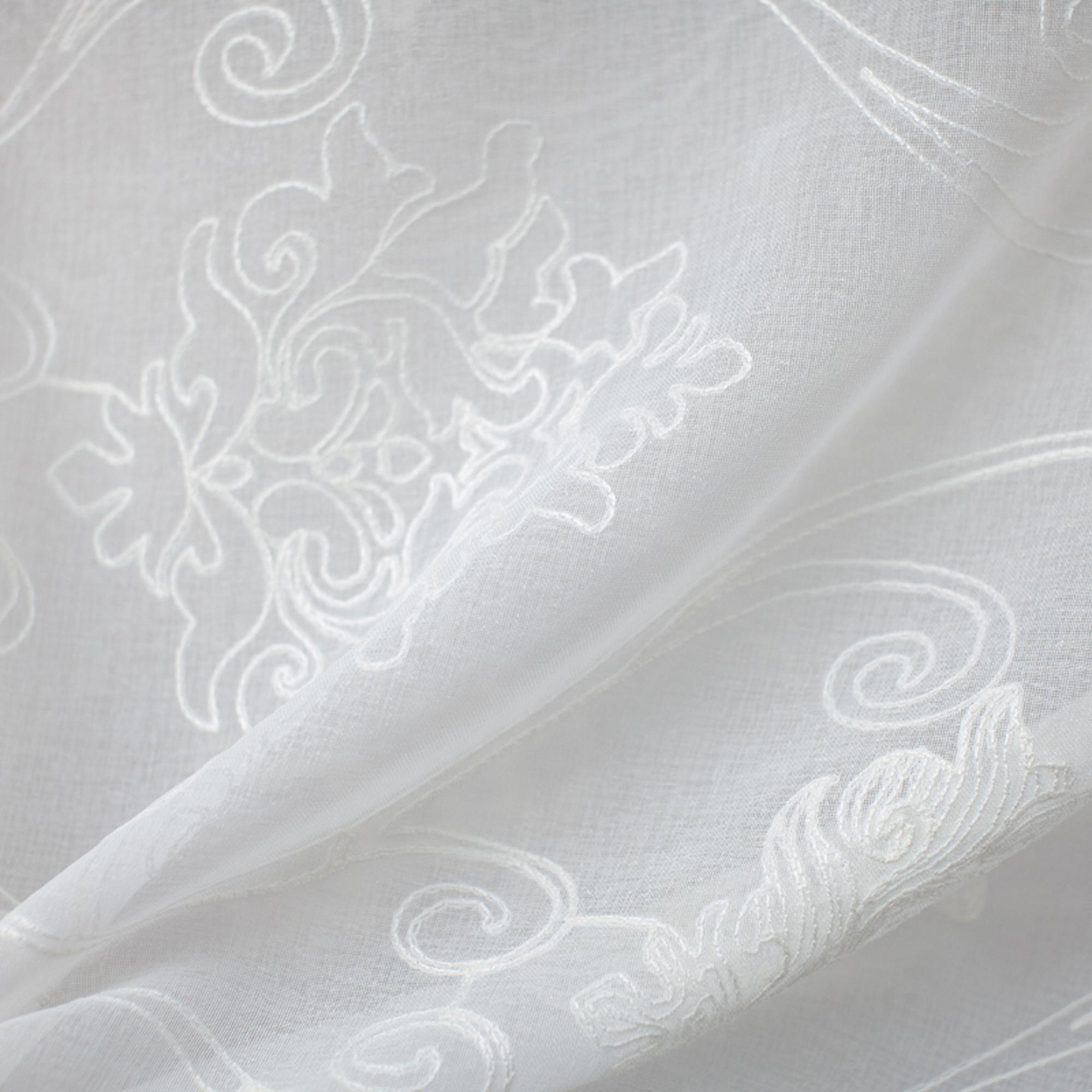 Bali Fabric in color White that has a wavy look is an Embroidered Damask Sheer Fabric that is good for Drapery & Curtain Fabric