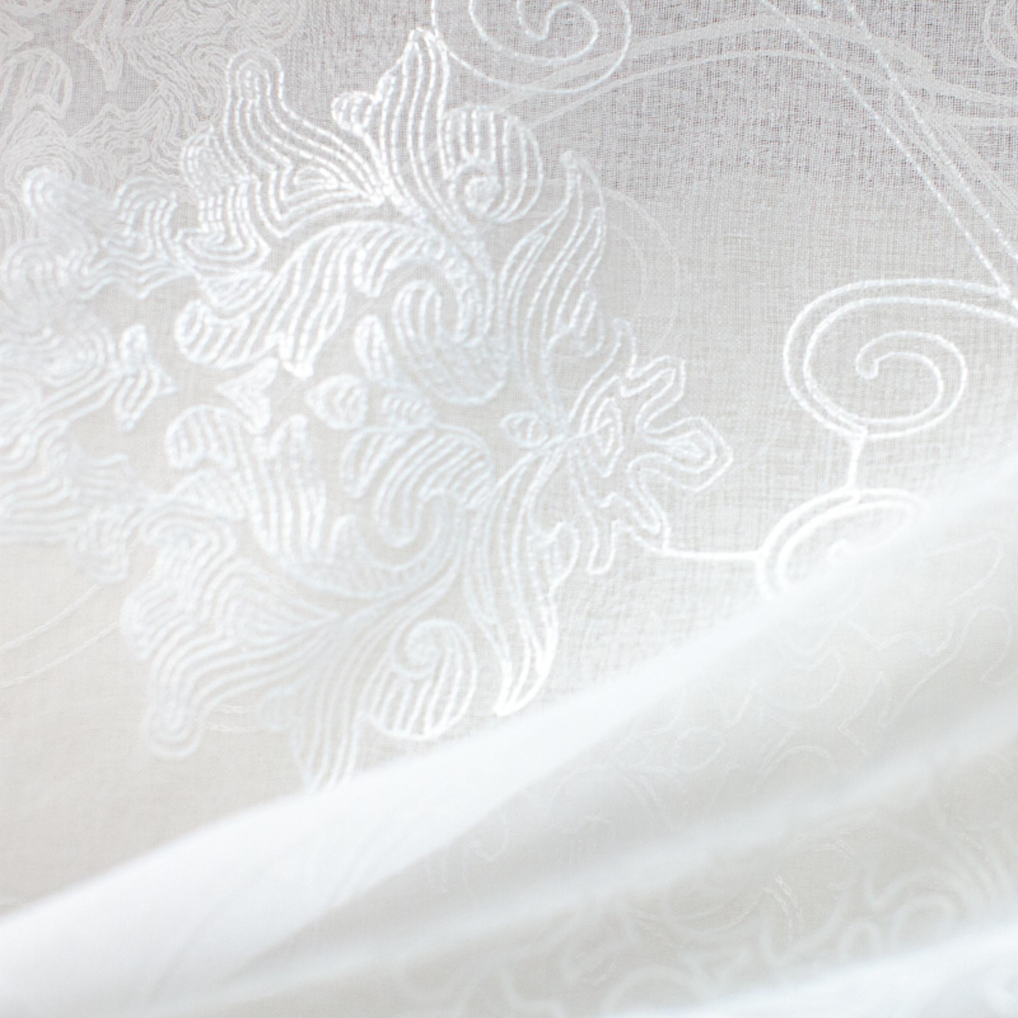 Bali Fabric in color Ivory that has a wavy look is an Embroidered Damask Sheer Fabric that is good for Drapery & Curtain Fabric