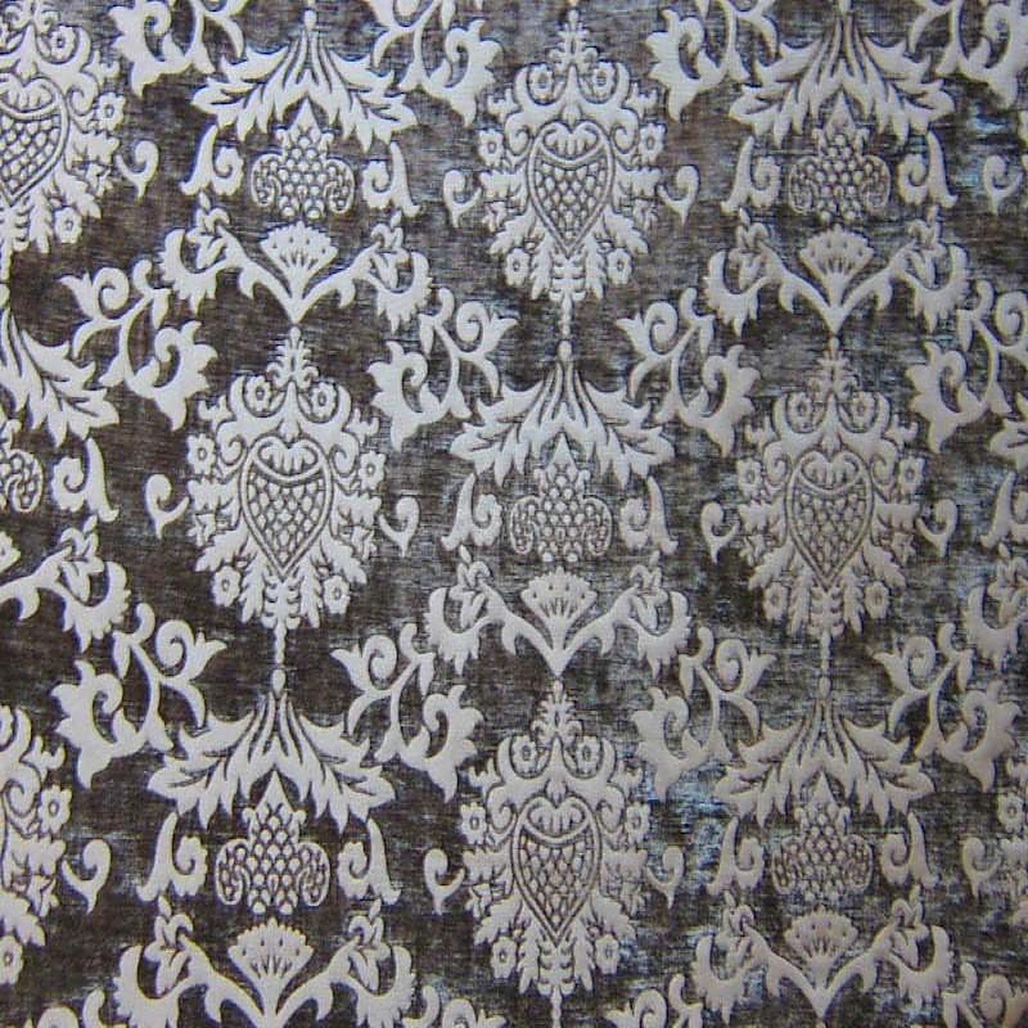 Barneys Fabric in color Chocolate is a Damask Chenille Fabric pattern good for Drapery & Curtain Fabric and Upholstery Fabric