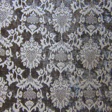 Barneys Fabric in color Chocolate is a Damask Chenille Fabric pattern good for Drapery & Curtain Fabric and Upholstery Fabric