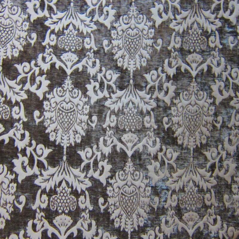Barneys Fabric in color Chocolate is a Damask Chenille Fabric pattern good for Drapery & Curtain Fabric and Upholstery Fabric