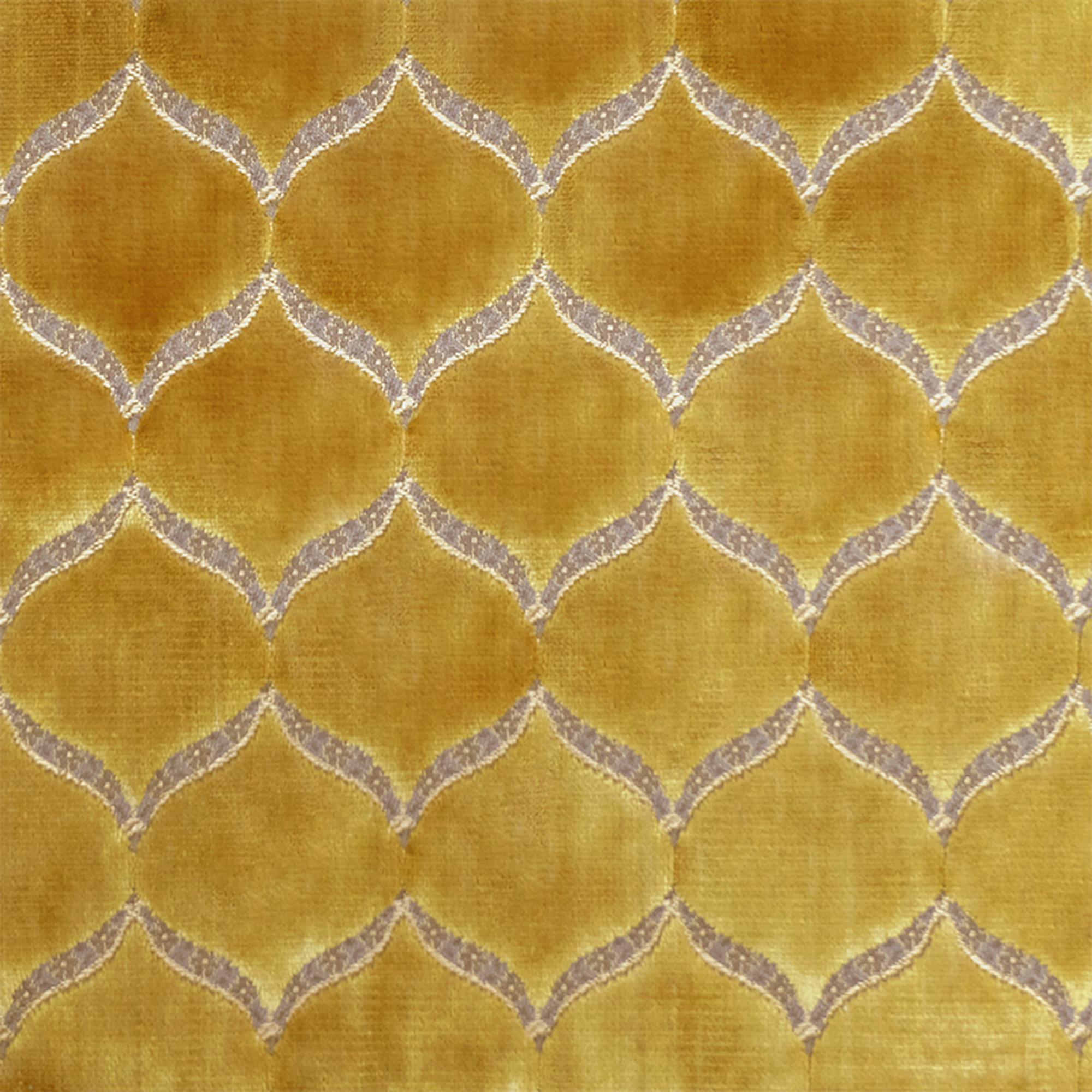 Eliza fabric in color Gold showcasing fabric medallion cut velvet upholstery fabric.