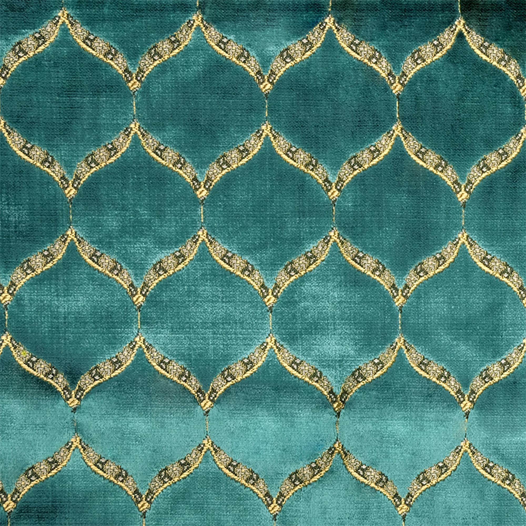 Eliza fabric in color Cerulean showcasing fabric medallion cut velvet upholstery fabric.