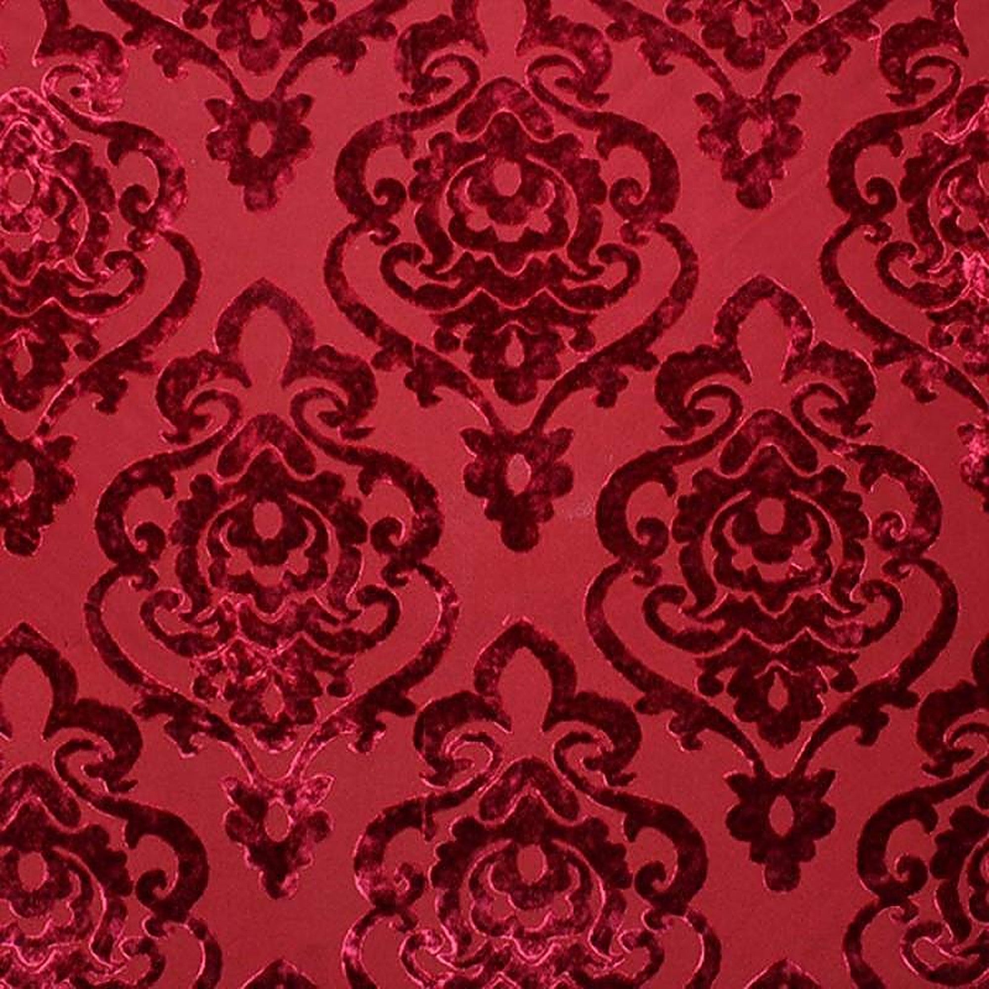 Evans Fabric in color Cranberry is a Damask Velvet Fabric pattern good for Drapery & Curtain Fabric and Upholstery Fabric